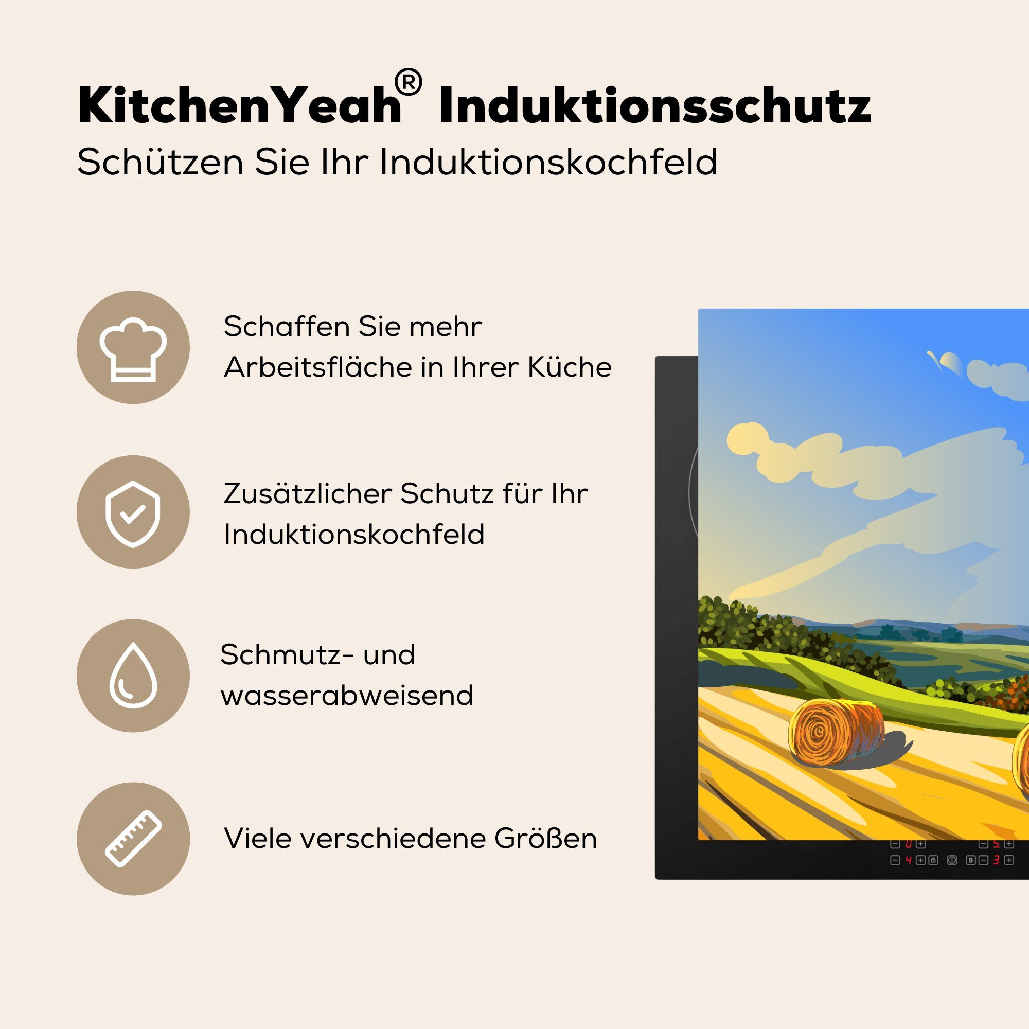 78x78 Vinyl, sonnigen Feld, MuchoWow Illustration Ceranfeldabdeckung, Eine tlg), Herdblende-/Abdeckplatte von Arbeitsplatte küche auf Heuballen einem (1 cm, für