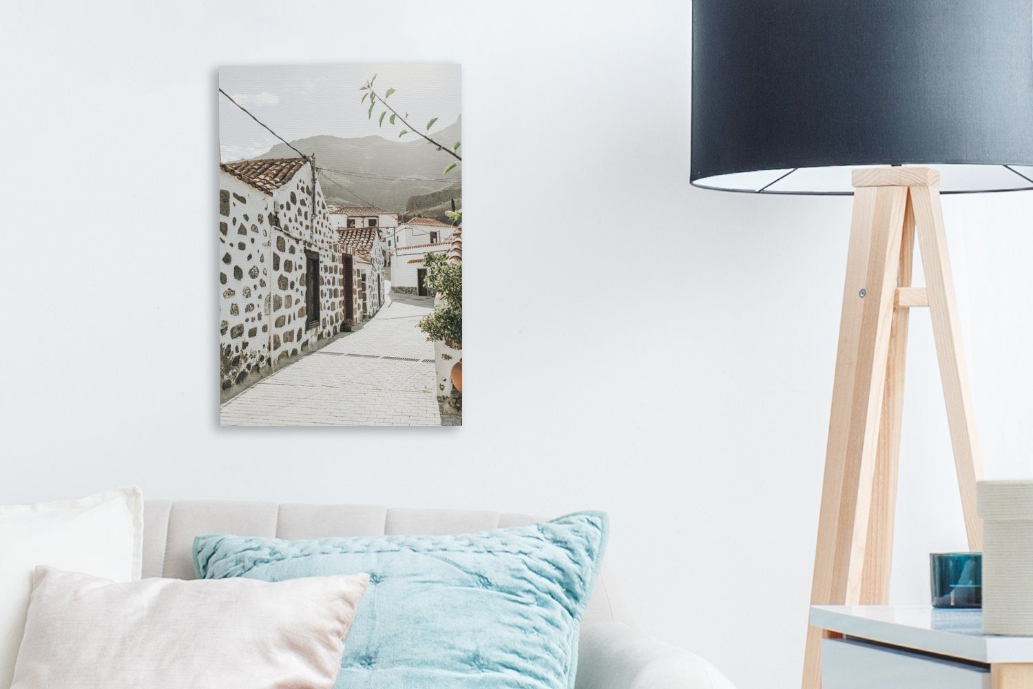 Gemälde, Weiß Leinwandbild OneMillionCanvasses® Berg, inkl. bespannt Haus - fertig Leinwandbild Zackenaufhänger, 20x30 cm St), (1 -