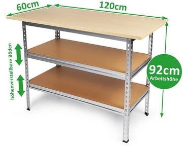 ONDIS24 Werkbank Uwe 120cm Metallregal und Werktisch, höhenverstellbare Einlegeböden, verzinkt, 120 x 60 x 92 (H) cm