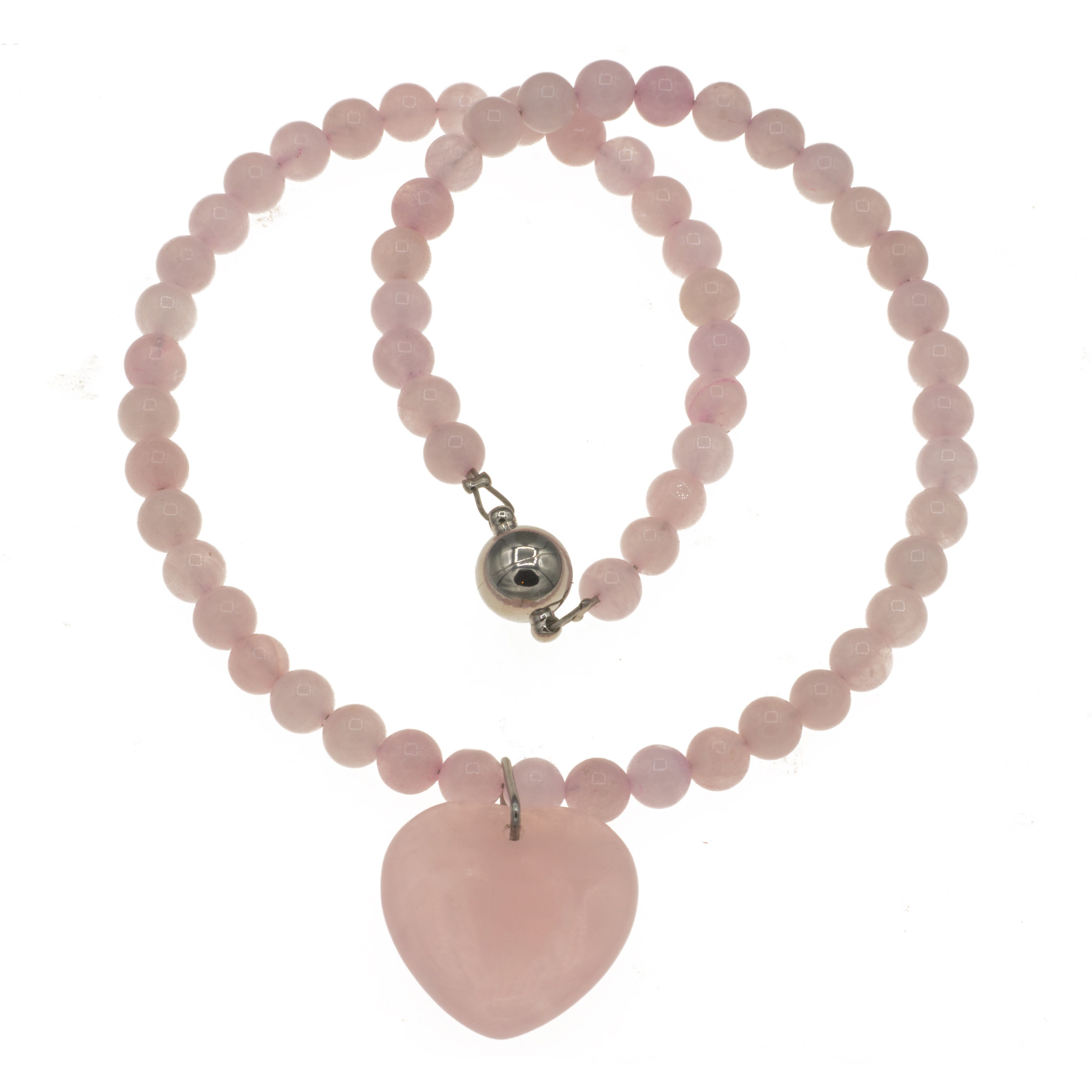 Bella Carina Perlenkette Kette mit Rosenquarz Herz, Magnetverschluss