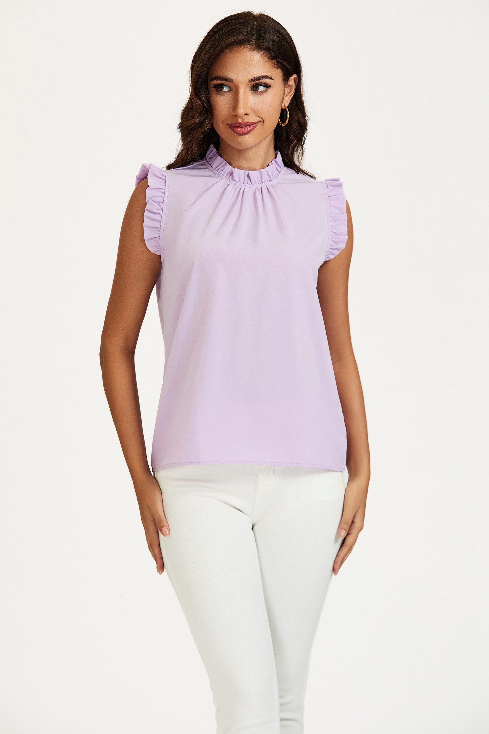 FS Collection Blusentop Damen Blusentop ärmellos mit Rüschenkragen elegante Sommerbluse Rüschenkragen und Rüschenbesatz an den Schultern – Bild 3 von 5