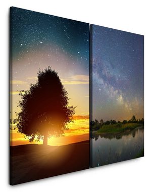 Sinus Art Leinwandbild 2 Bilder je 60x90cm einsamer Baum Eiche Sternenhimmel Sterne Sommernacht Astrofotografie Milchstraße