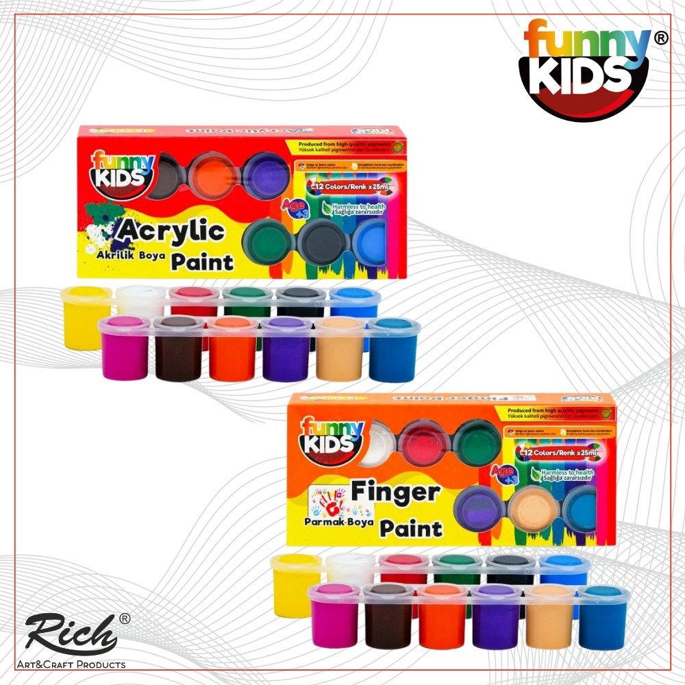 Funny Kids Acrylfarbe FUNNY KIDS Acrylfarben Set&Fingerfarben Set -12x25 ml(jeweils12Farben), Für Fingerfarben-Techniken und klassische Pinselstriche