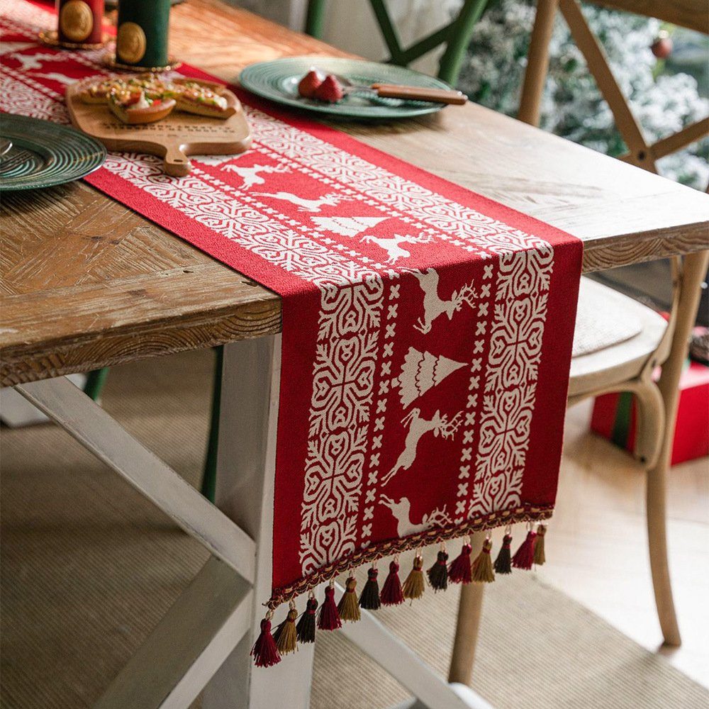 Rouemi Tischband Weihnachten Tischdecken, Elch 35×180cm, Quaste 35×200cm Tischdecken, Weihnachten