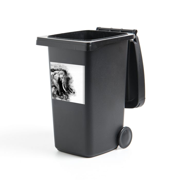 MuchoWow Wandsticker Elefant - Papier - Farbe - Schwarz - Weiß (1 St) Mülleimer-aufkleber Mülltonne Sticker Container Abfalbehälter