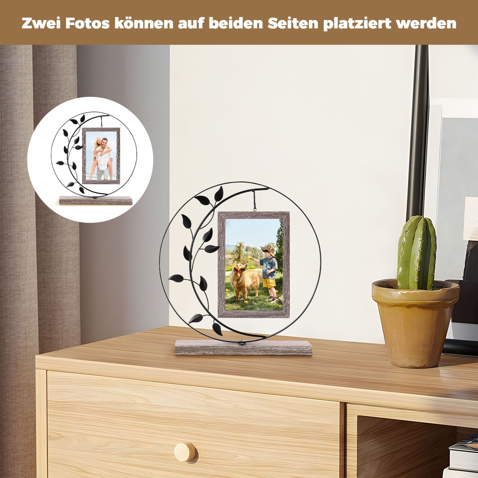 BlingBin Bilderrahmen 10x15cm Doppelglas Fotorahmen Holz mit Metall Ständer, Familien Deko, für 2 Bilder (2er Set, 2 St), Produktmaße: 28 × 26 × 5 cm, Vintage Holzbilderrahmen Fotogeschenke Fuer Oma/Mama