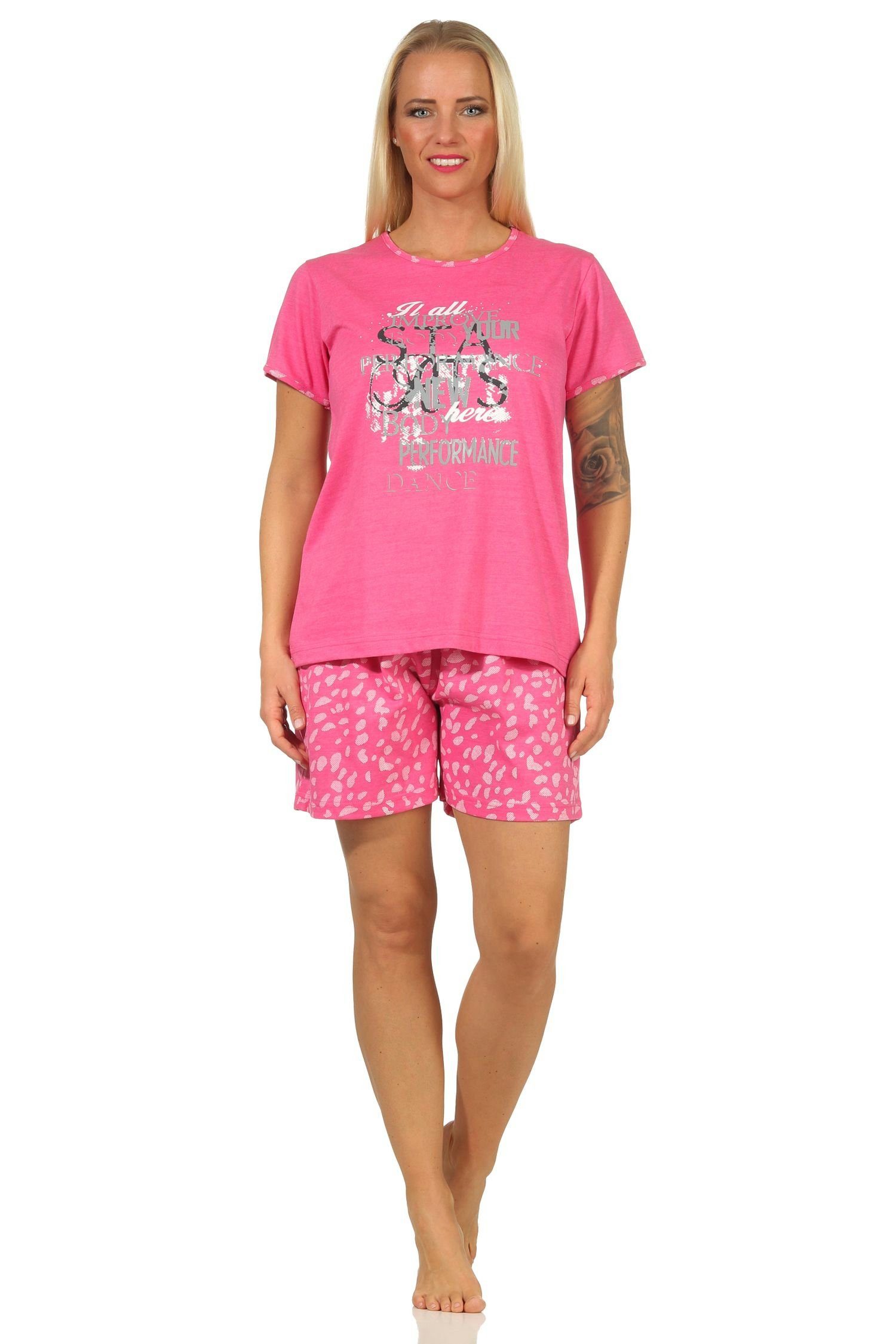 by Shorty Schlafanzug Pyjama pink mit und Damen Normann Frontprint Hose RELAX kurzer kurzarm