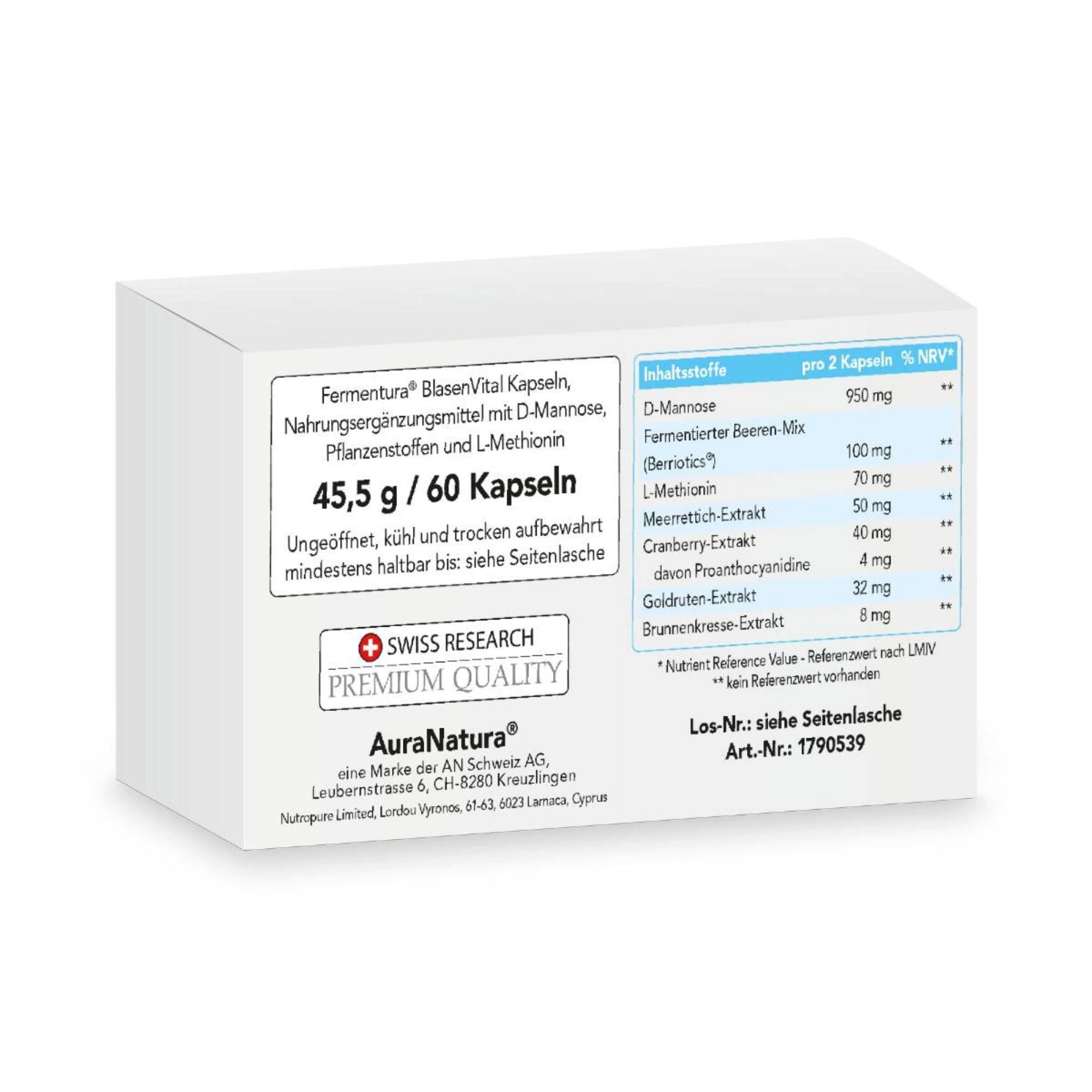 Aura Natura Fermentura Blasenvital mit D-Mannose & Cranberry, Blasenunterstützung Kapseln, 1 er Packung à 60 St., D-Mannose und Cranberry