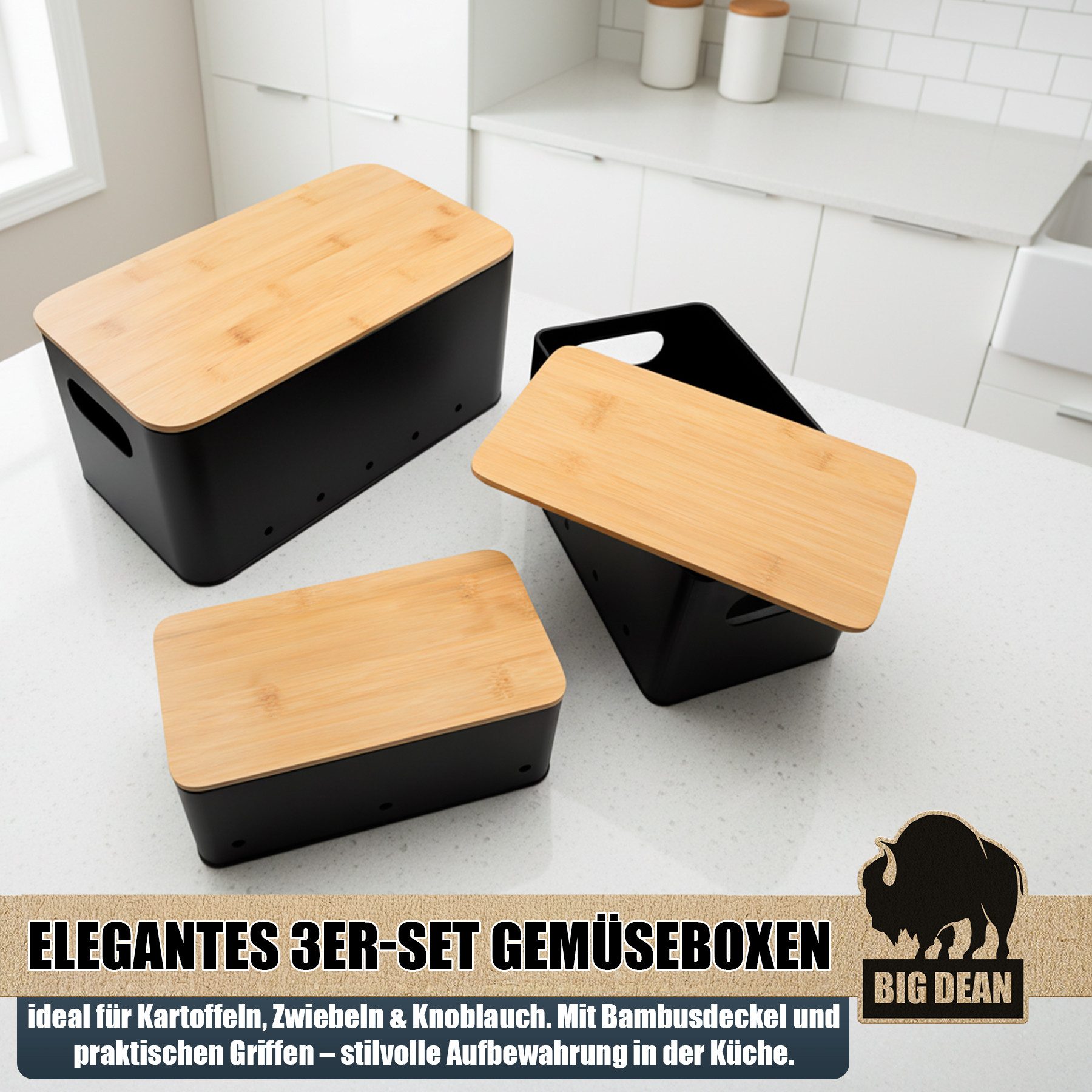 BigDean Kartoffelkiste 3er Set Kartoffel Aufbewahrungsbox für Kartoffel, Zwiebel & Knoblauch (Set, 6 St., Gemüseboxen), Stapelbar, Robuster Verzinkter Stahl, Belüftet, Rutschfest