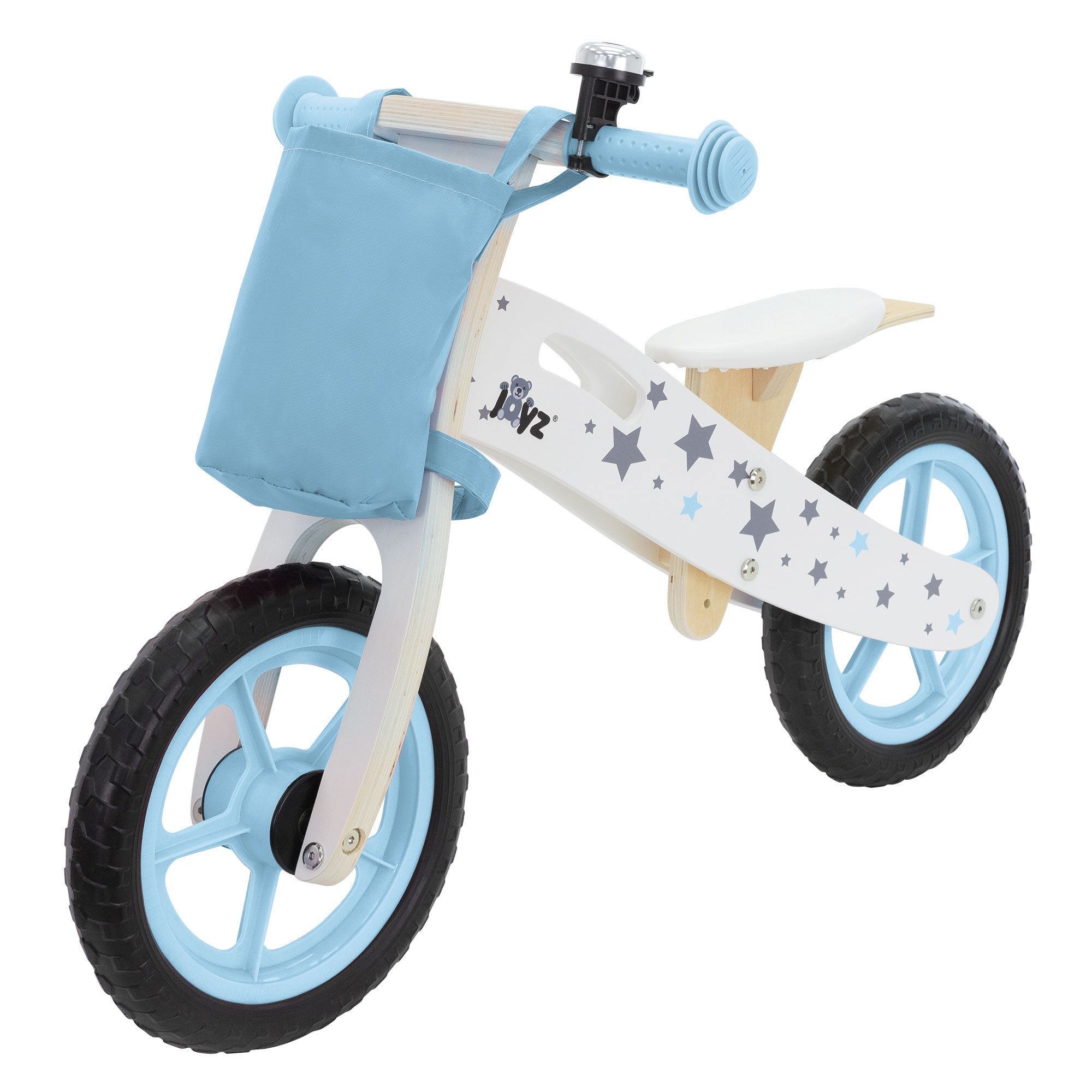 Joyz Laufrad Holzlaufrad mit verstellbarer Sitz und Stoffbeutel Klingel Tragegriff 11 Zoll, Kinderfahrrad Blau für Kinder ab 2 bis 5 Jahren Lauflernrad 85x35x54cm