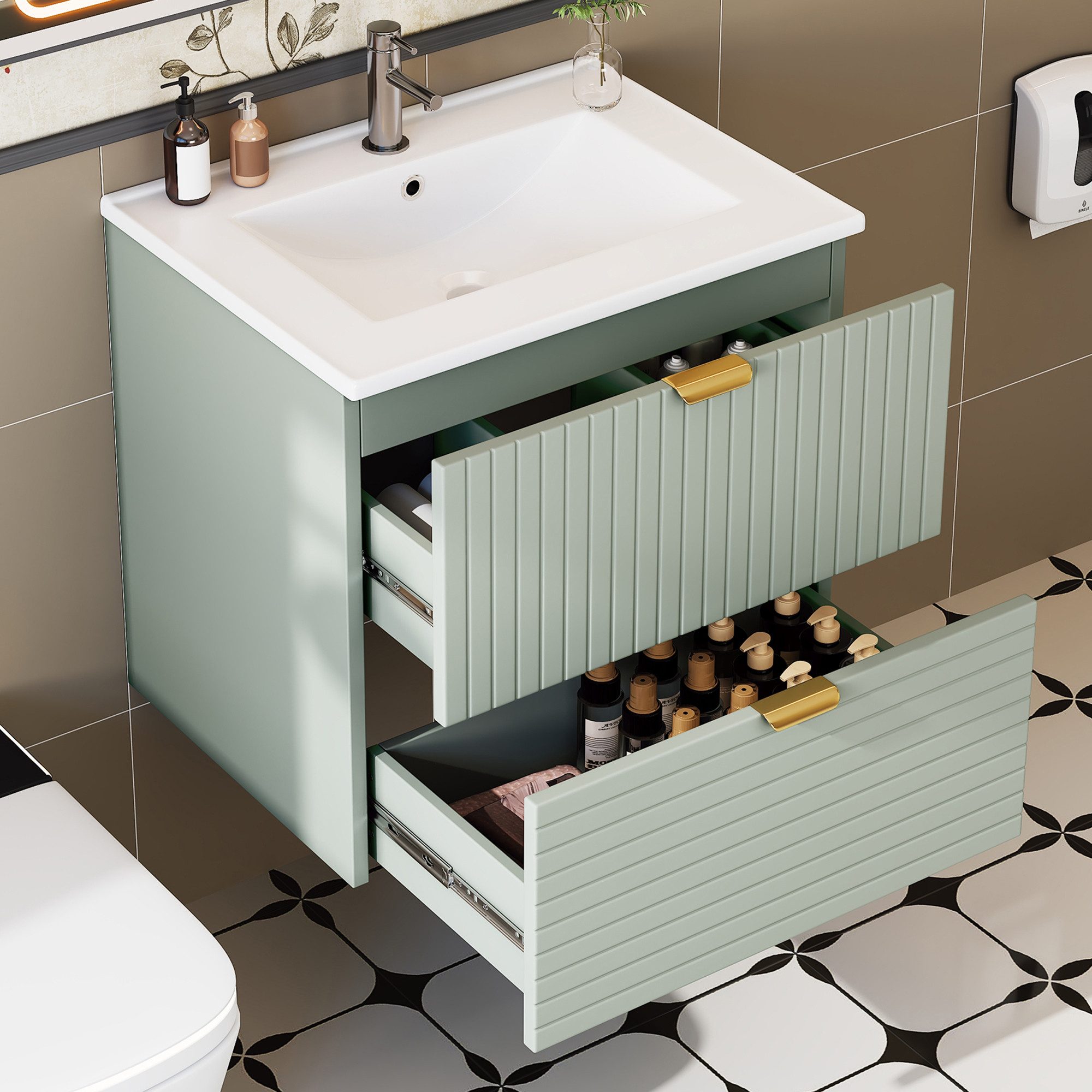 Flieks Waschtisch Waschbeckenunterschrank inkl. glänzende Waschbecken (B61/T46/H57 cm, 1-St., wandhängend, Badschrank aus MDF volllackiert), Badmöbel-Set Badezimmerschrank mit 2 Schubladen Grün