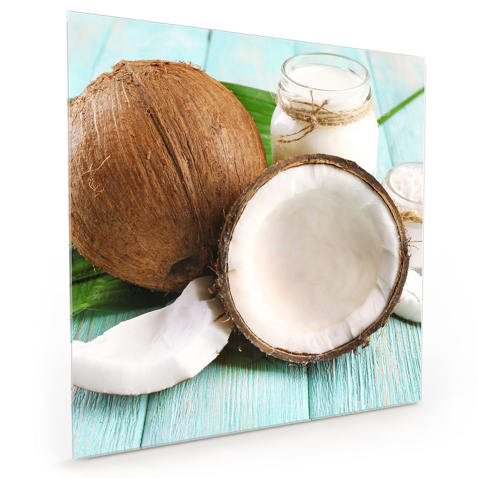 Primedeco Küchenrückwand Spritzschutz Glas Kokosnuss auf Blatt
