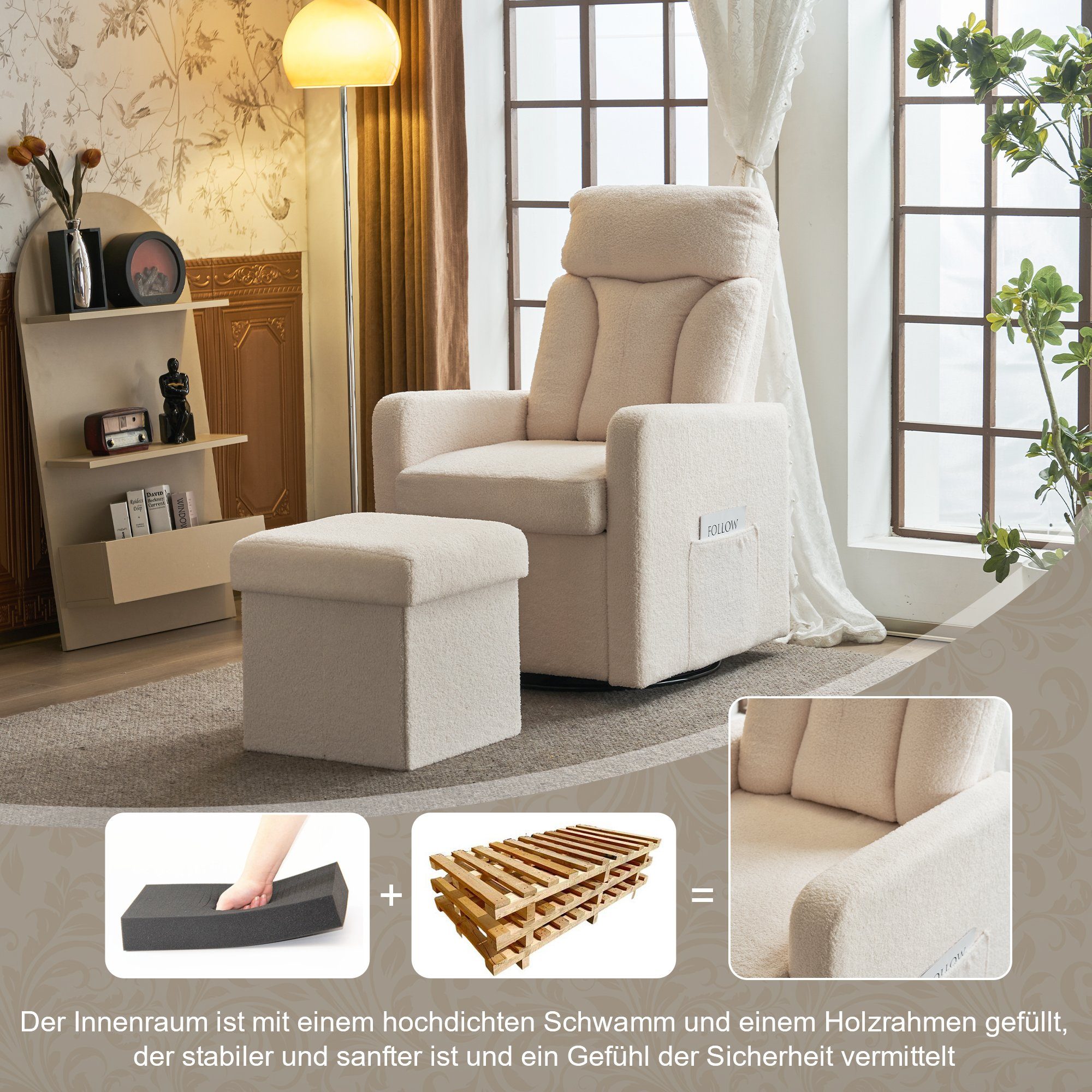 drehbarem Metallgestell, mit Sofa Fußstütze Celya Relaxsessel Drehsessel, Plüschsessel und Sessel