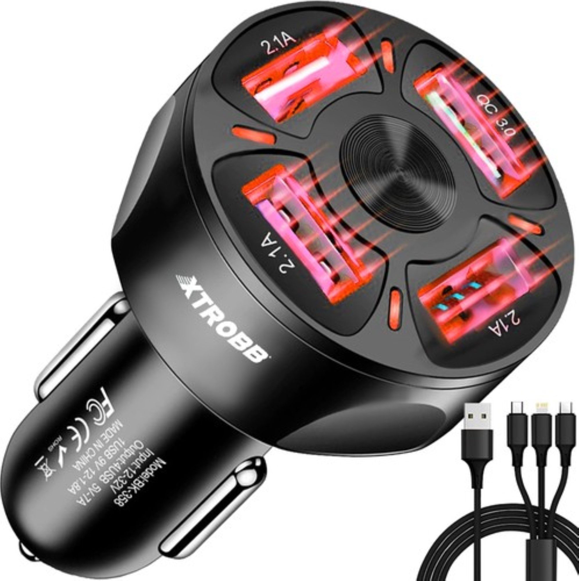 XTROBB PowerDrive Pro: 4-Port KFZ-Ladegerät + 3-in-1 Ladekabel KFZ-Adapter Standard-USB zu Zigarettenanzünder, Ultraschnelles Laden, 4 USB-Anschlüsse, vielseitiges Ladekabel.