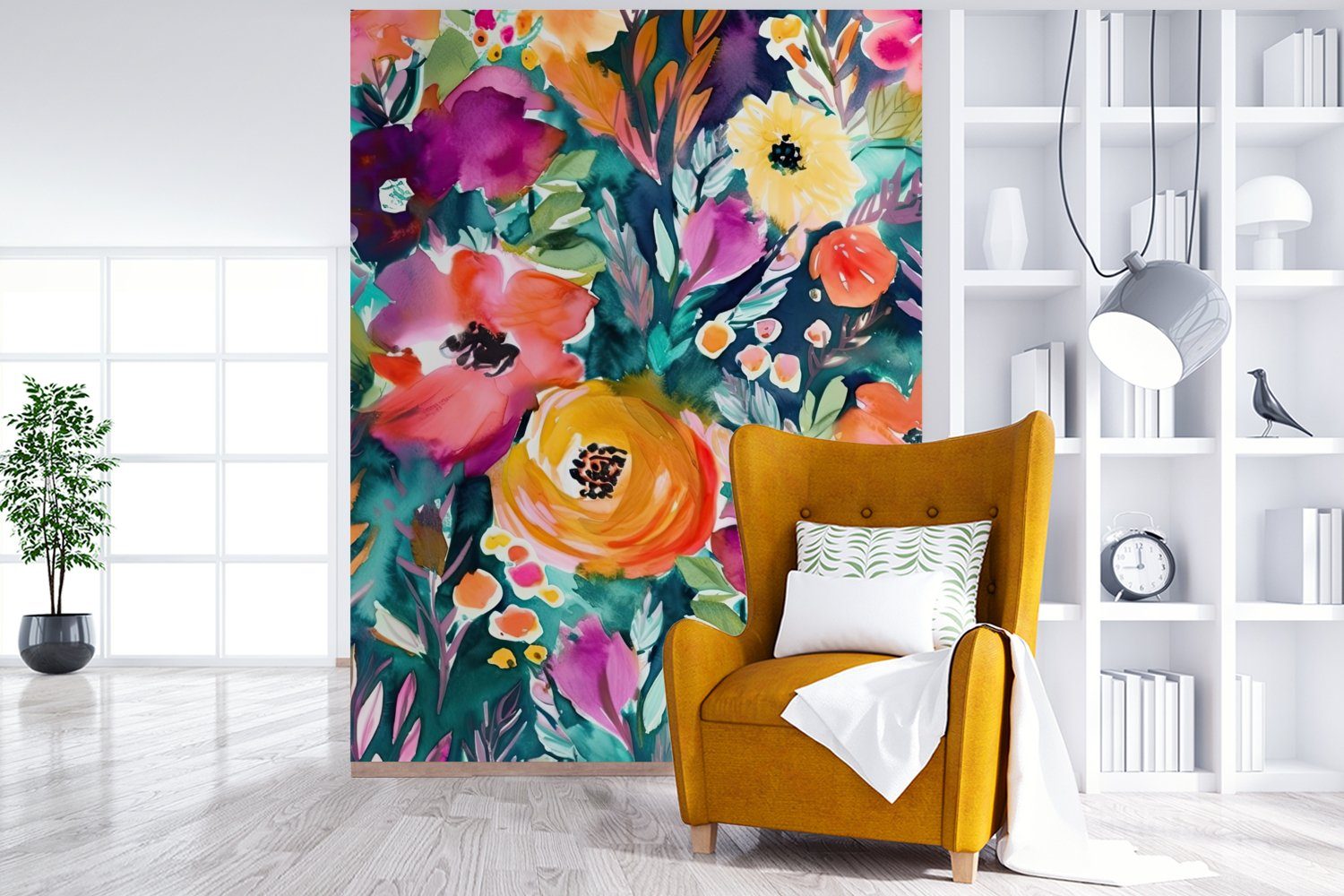 (4 Wohnzimmer, Ölfarbe bedruckt, für Blumen Kunst Matt, MuchoWow Wandtapete St), - Vinyl - Montagefertig - Natur, Fototapete Tapete