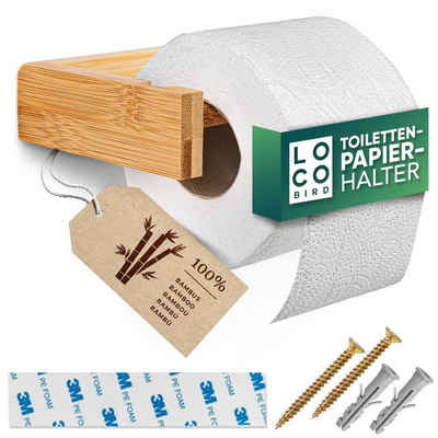 Loco Bird Toilettenpapierhalter aus Bambus und ohne Bohren (Selbstklebender Klopapierhalter Holz, Inkl. Klebeband + Schrauben), Toilettenpapier Klopapier WC Papier Halterung