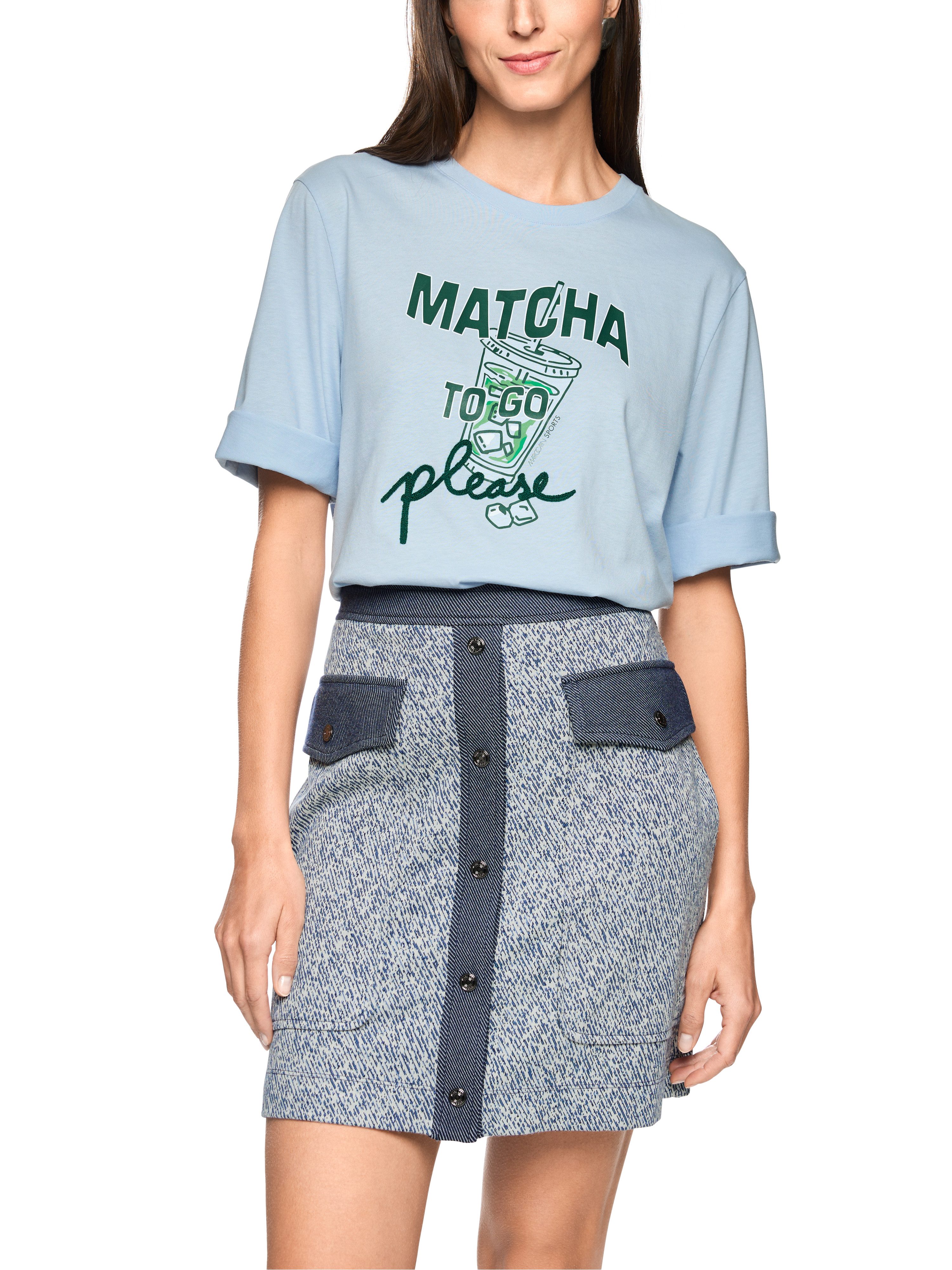 Marc Cain T-Shirt City Vibing Premium Damenmode mit Matcha-Print, weit geschnitten