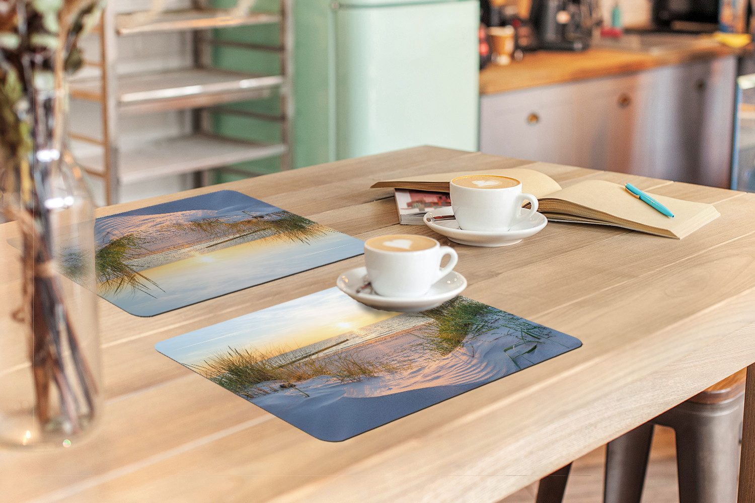 MuchoWow Platzset Strand - Sonne - Düne - Gras - Sand - Horizont, (6-St), Platzsets, Tischset, Abwaschbar, Tischsets, Platzdeckchen