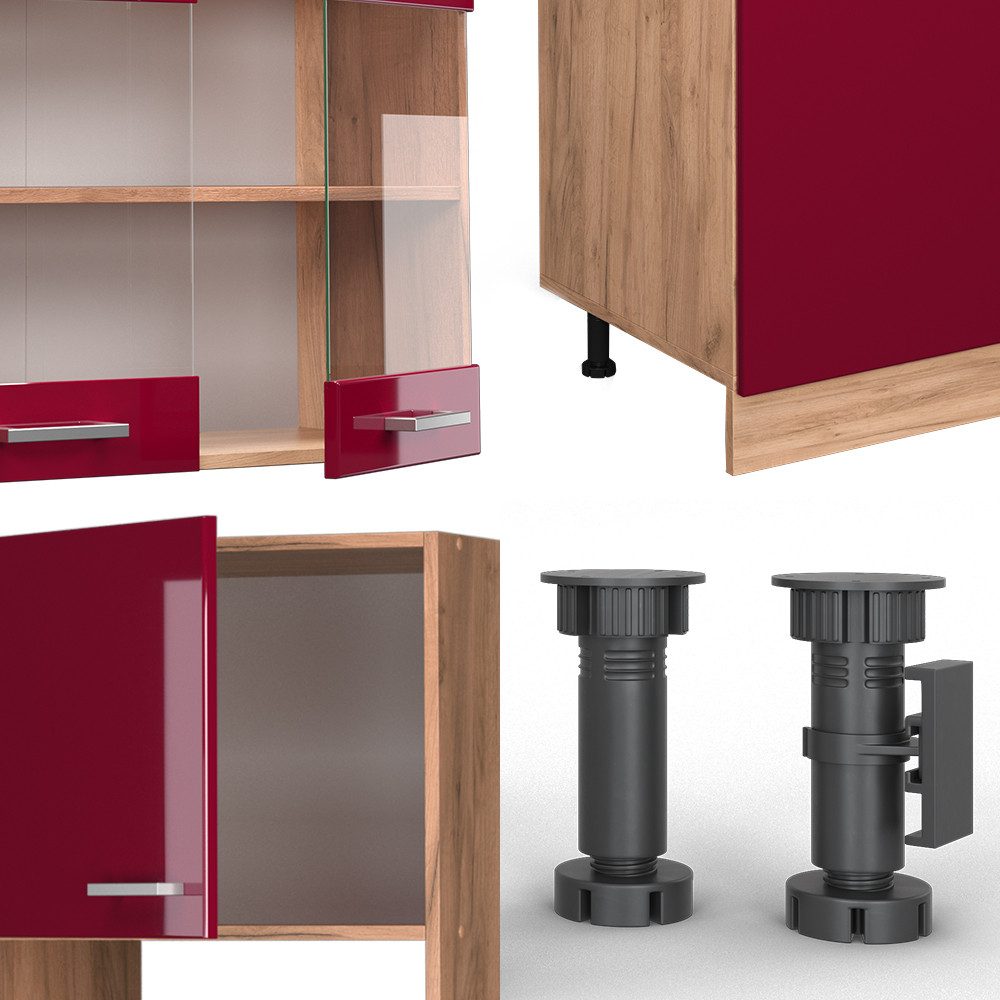 Vicco Küchenzeile R-Line, Rot Hochglanz/Goldkraft Eiche/Goldkraft Eiche, 300 cm mit H...