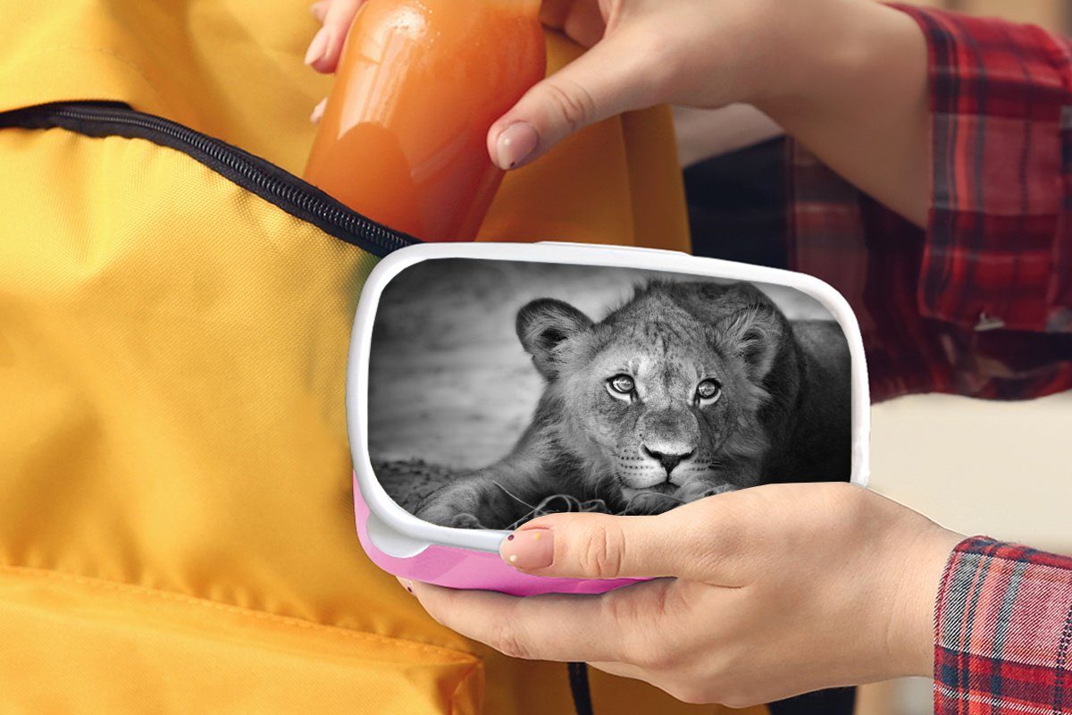 MuchoWow Lunchbox Wildtiere - Löwe Erwachsene, Weiß, - für Brotbox Schwarz Kunststoff Kinder, - (2-tlg), Snackbox, Natur rosa - Kunststoff, Brotdose Mädchen