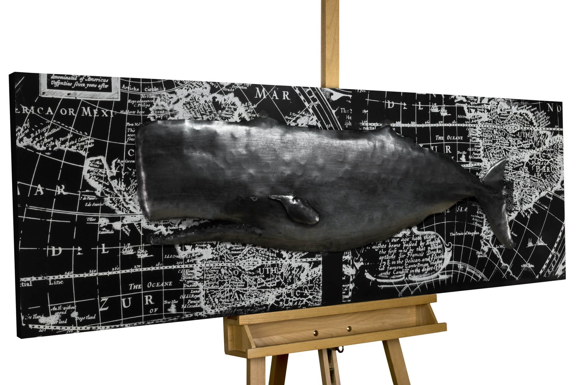 cm, Metallbild Whale KUNSTLOFT Wandrelief 3D Watching handgefertiges 150x50