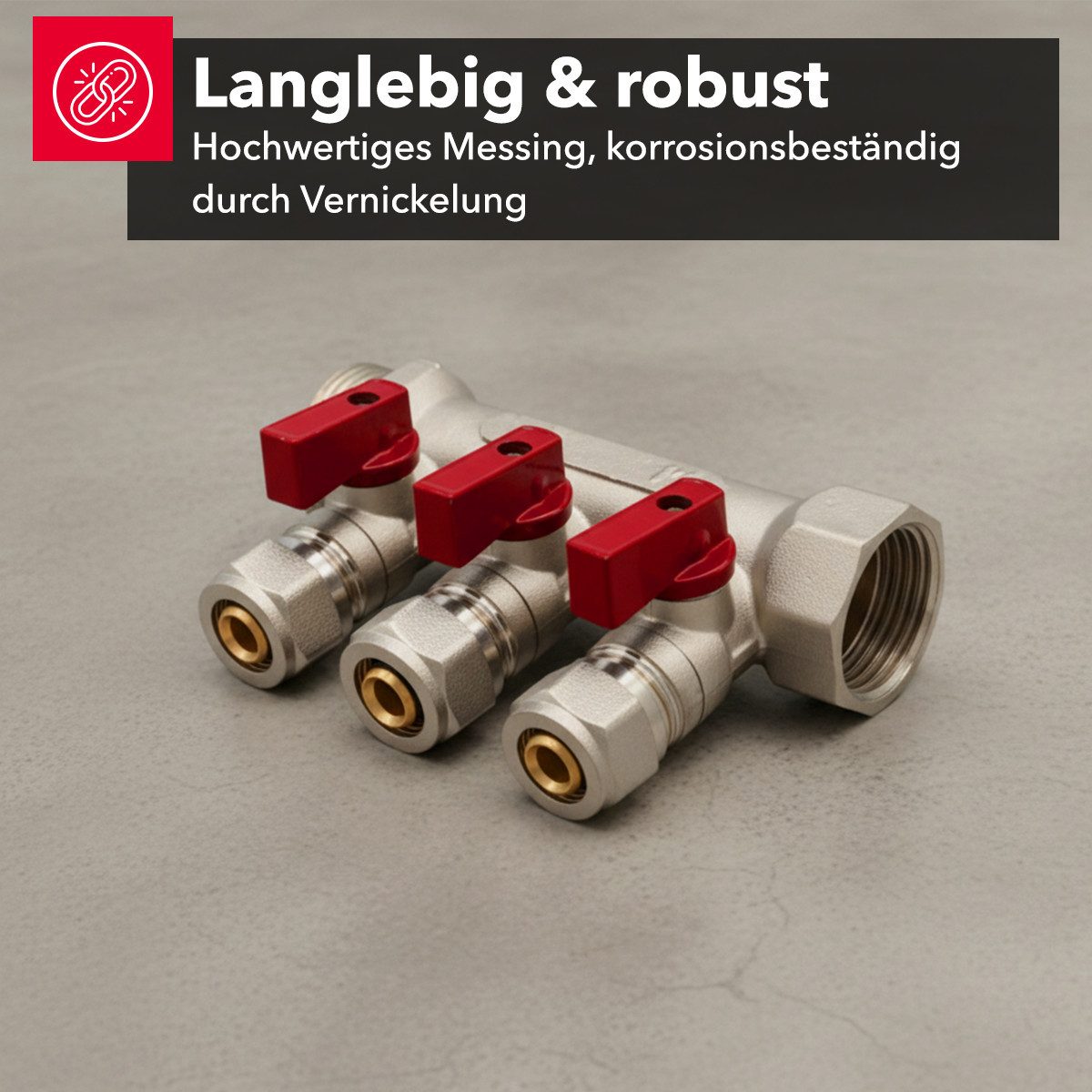 Belrad Gewindefitting Heizkreisverteiler für Heizungen BLR413, 3 Abgänge mit Kugelhahn, (einzel, 1-tlg), Eurokonus 1/2" 16 mm, 1" AG/IG, vernickeltes Messing, 35 mm Abstand