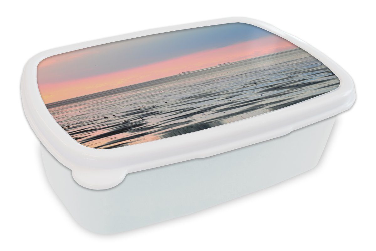 MuchoWow Lunchbox Meer - Vogel - Sonne, Kunststoff, (2-tlg), Brotbox für Kinder und Erwachsene, Brotdose, für Jungs und Mädchen weiß