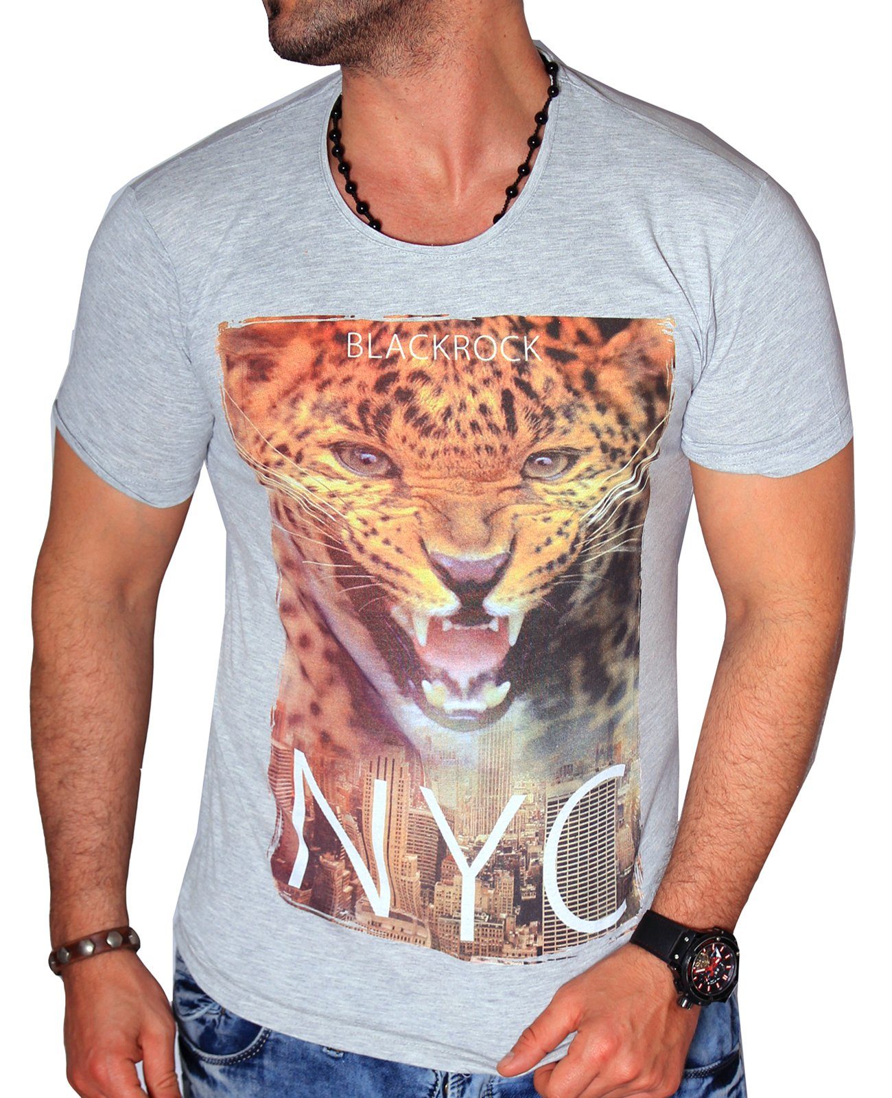BLACKROCK T-Shirt T-Shirt Urlaub Leopard Tiger kurzarm Rundhals bedruckt Slim-Fit Grau