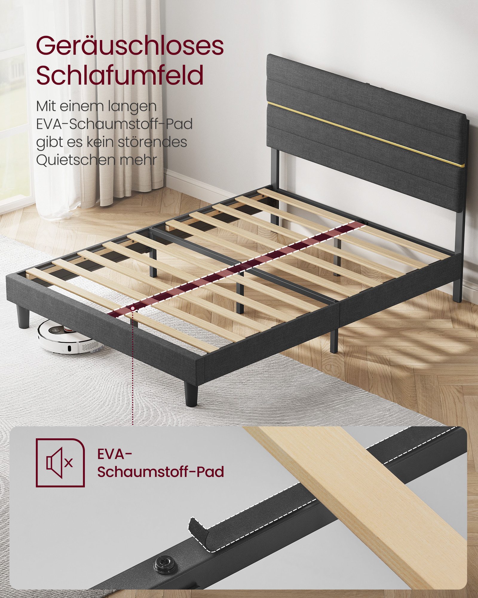 VASAGLE Polsterbett Doppelbettgestell verstellbares gepolstertes Kopfteil (140 x 200 cm, geräuscharm, mit Lattenrost und verstellbarem Kopfteil), Massivholz, mo – Bild 4 von 5
