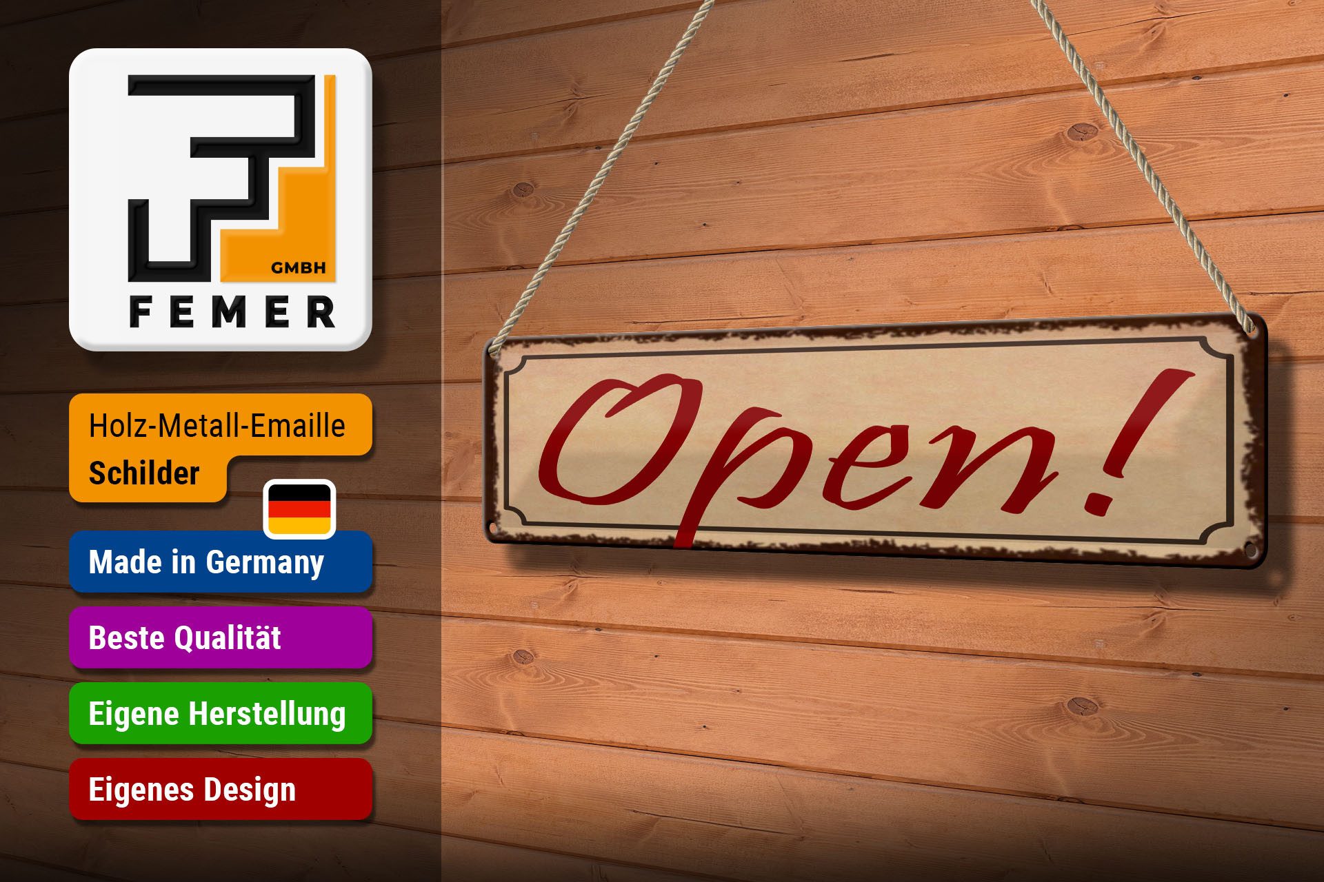 Femer GmbH Metallschild Hinweis 46x10 cm Open beige, (1 St), gewölbte Oberfläche, abgerundete Ecken, umgeschlagene Kanten