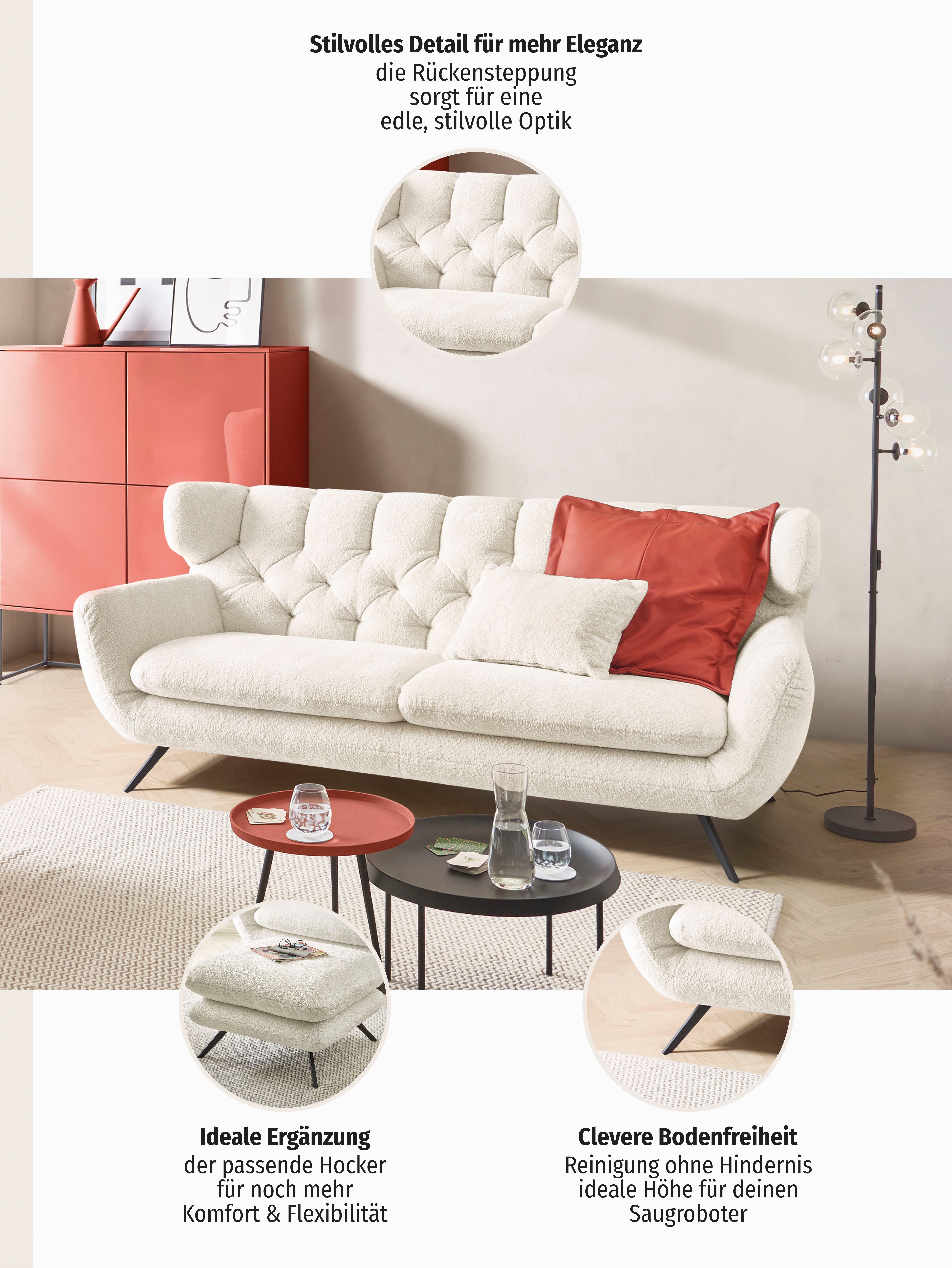 3C Candy 3-Sitzer Beatrice, extravagantes Megasofa, bequem, Küchensofa, Breite 225cm, mit Rückensteppung im Rautenmuster, Samt Optik, auch in Fellimitat