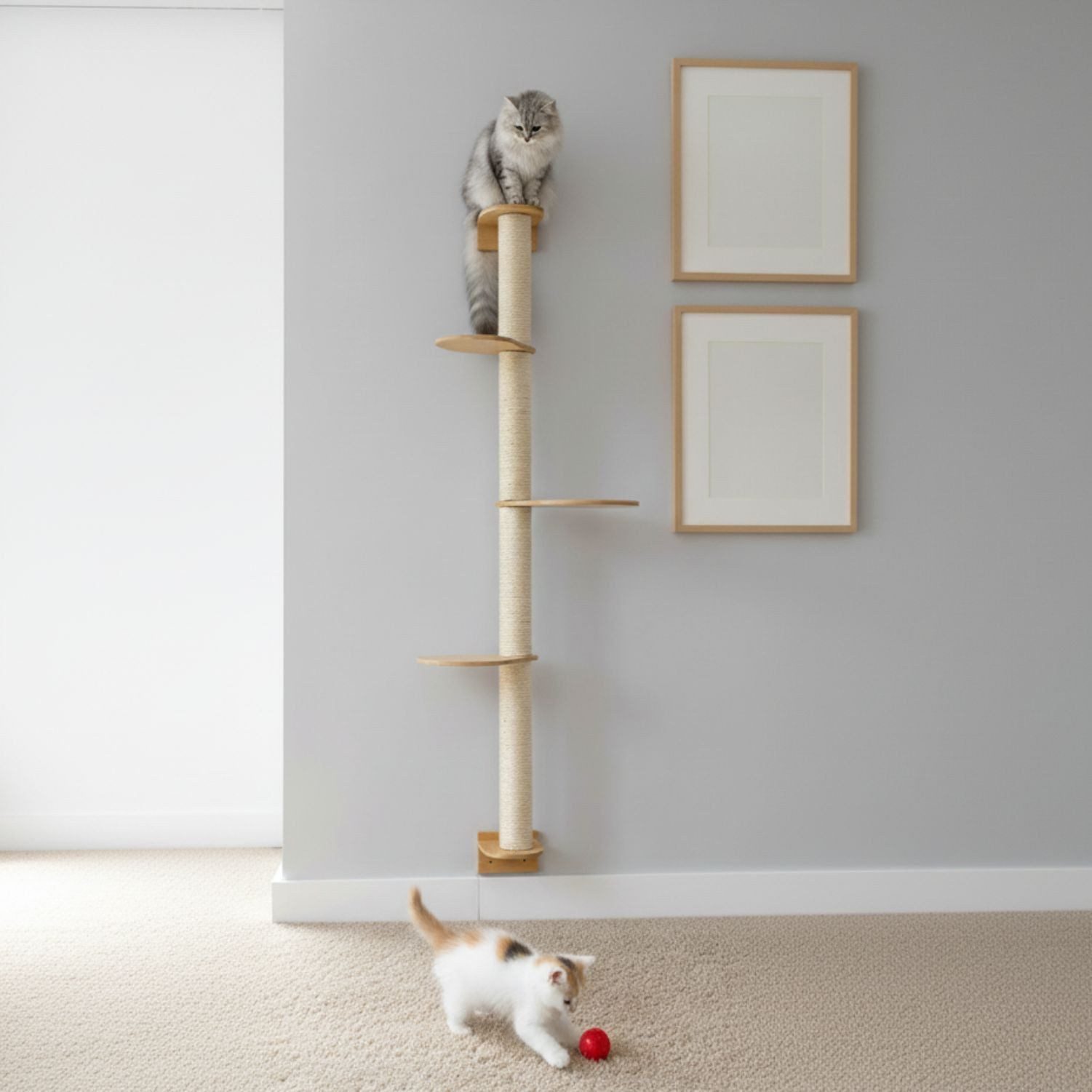 eyepower Kratzbaum zur Wandmontage-175 cm Wandkratzbaum für Katzen mit 3 Bambus Plateaus, Sistammstamm Wand - Katzenkratzbaum platzsparend - Kletterwand Katze