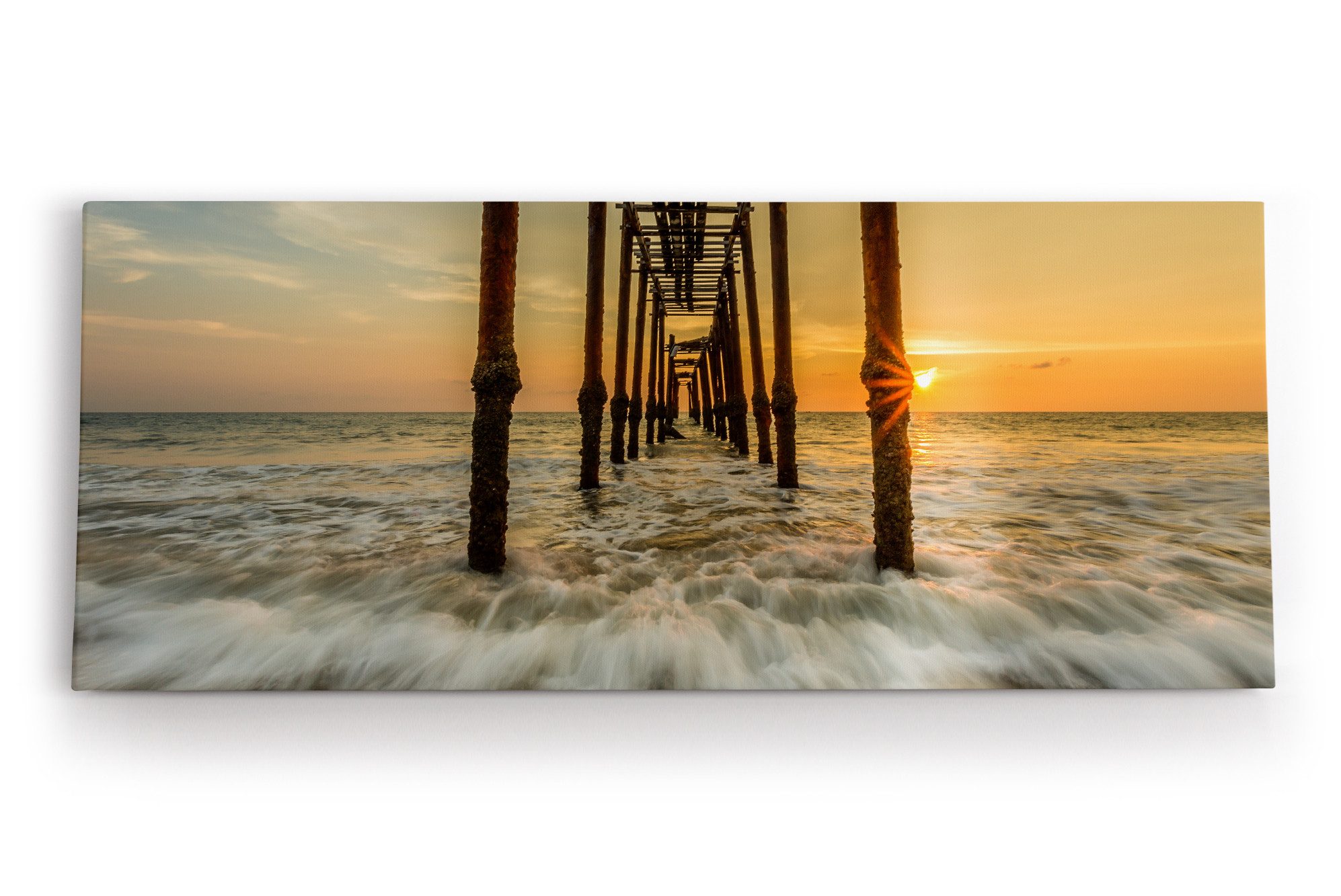Leinwandbild Sonnenuntergang Horizont Steg Holzbrücke Meer Strand