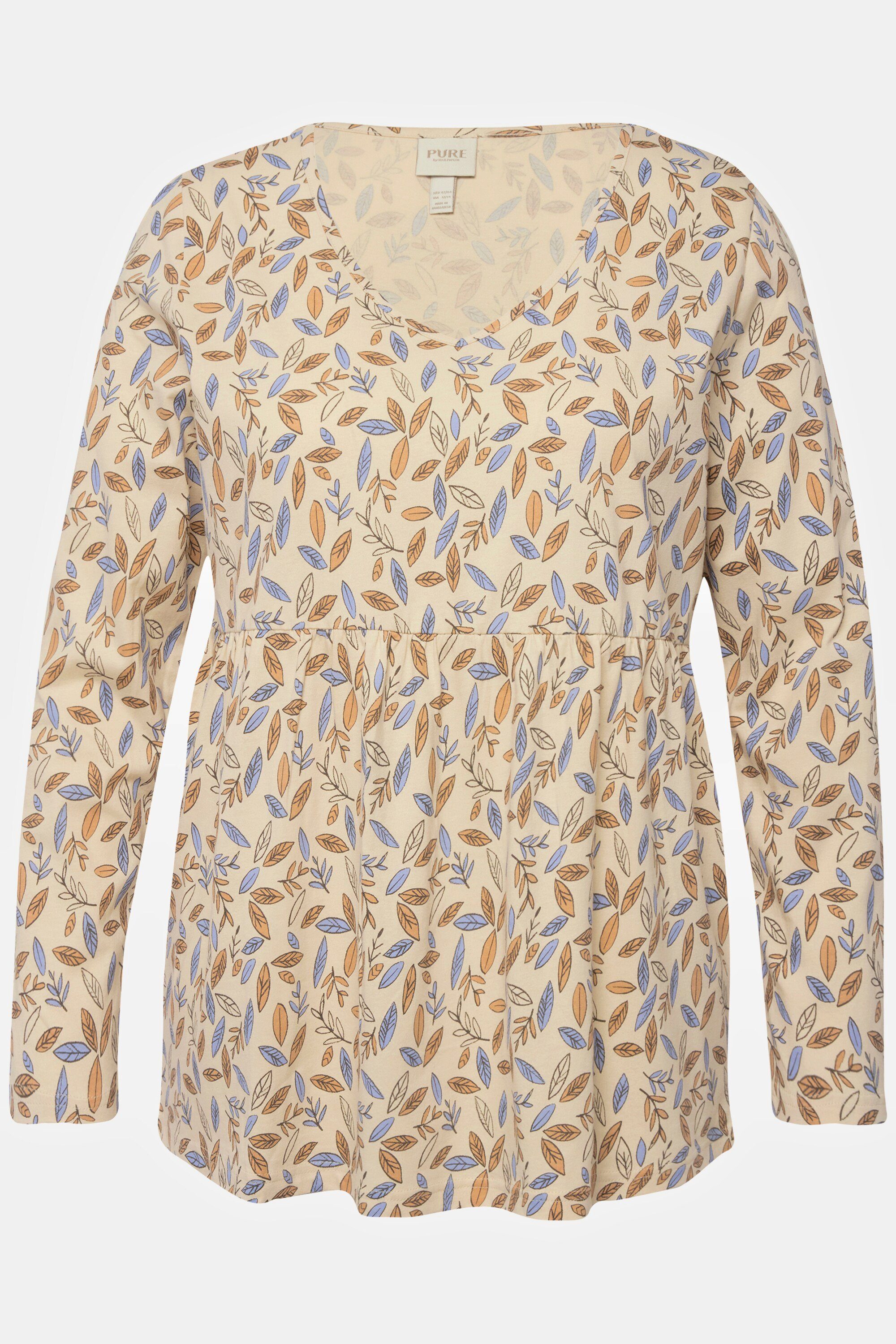 Blätter beige Schlafshirt Ulla V-Ausschnitt Popken Pyjama Langarm