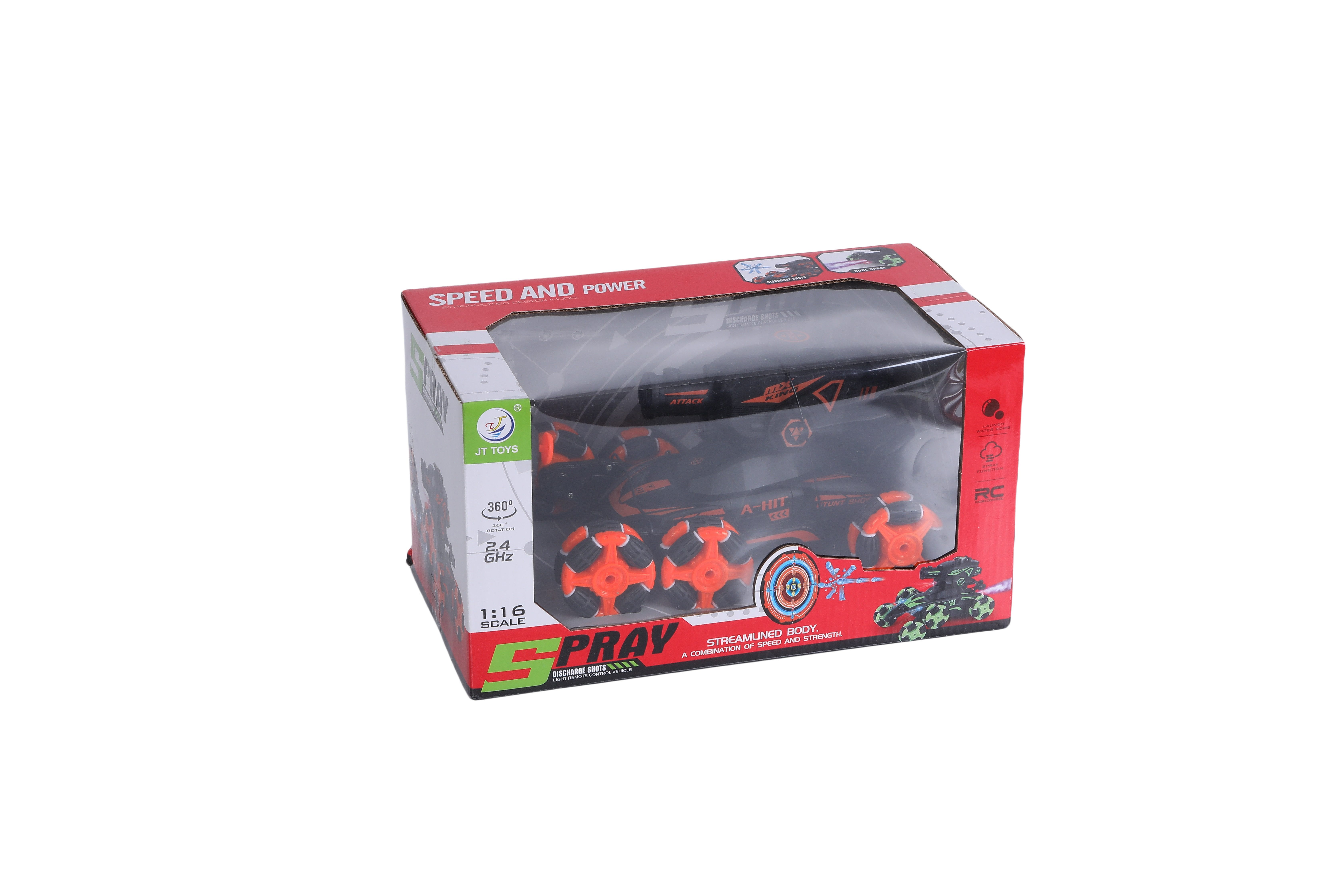 FUNFY RC-Auto RC-Stuntauto im Maßstab 1:16 mit 6 Rädern, zum Klettern und Schießen (Nebeleffekt, Hindernisüberquerung, 4WD und wiederaufladbarem Akku, Mit 6 Rädern für 45-Grad-Fahrt), Schnelles, geländetaugliches RC-Auto mit langer Akkulaufzeit.