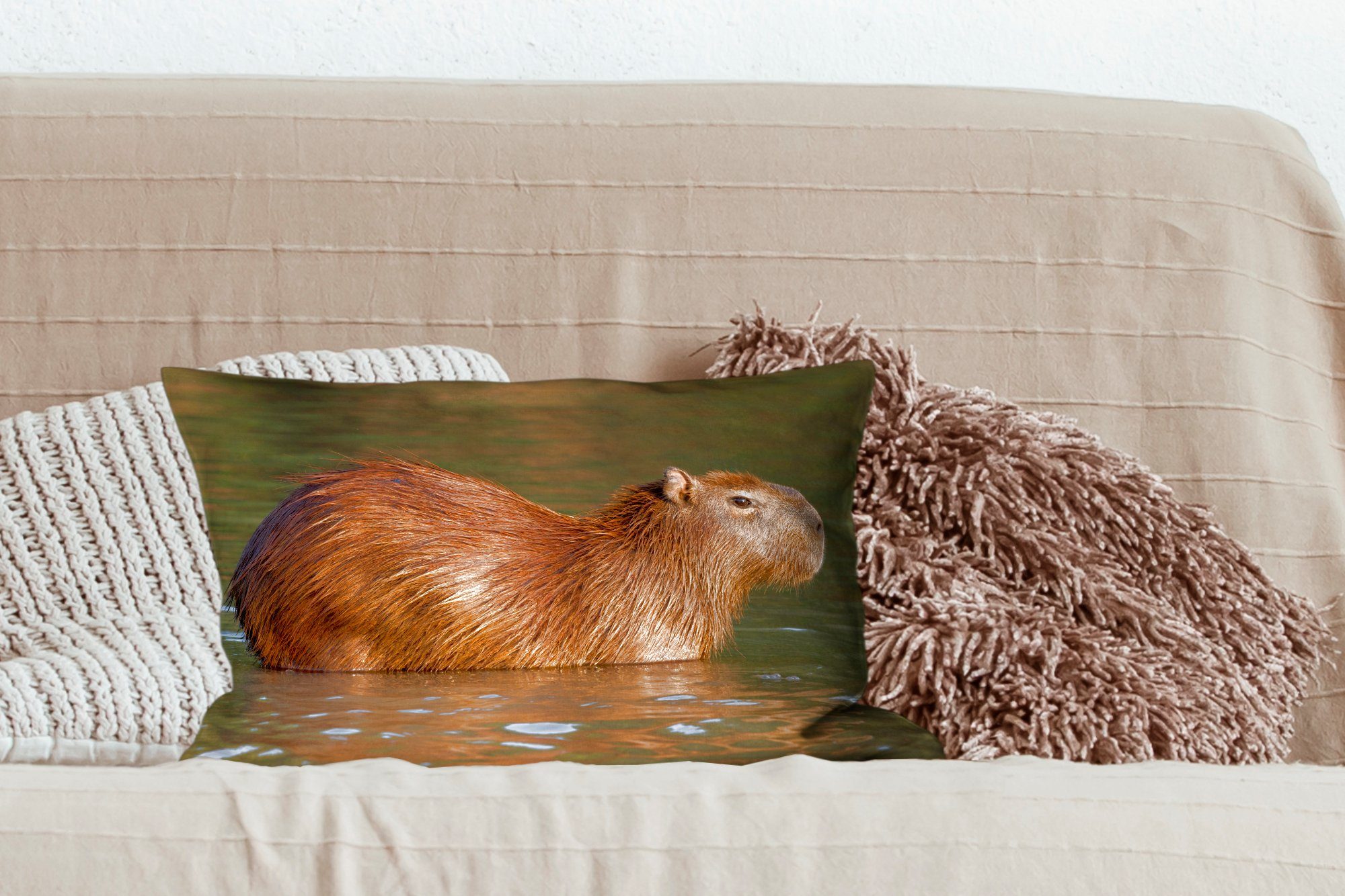 Dekoration, Zierkissen, Ein Füllung, Schlafzimmer im MuchoWow Wasser, Capybara steht Dekokissen Wohzimmer mit Dekokissen
