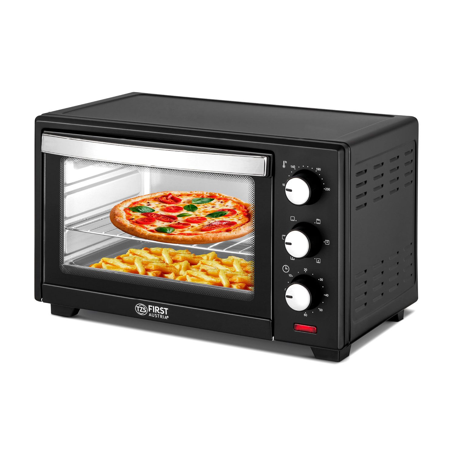 TZS FIRST AUSTRIA Minibackofen 30L 1600W, stufenlose Temperaturregelung bis 230°C, 60 Min Timer, 3 Einschubhöhen, Doppelglastür, Umluftfunktion