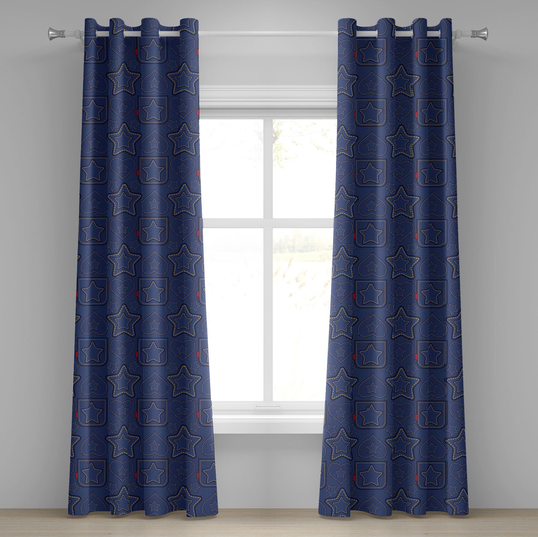 Gardine Dekorative 2-Panel-Fenstervorhänge für Schlafzimmer Wohnzimmer, Abakuhaus, Star Herz-Shapes auf Denim