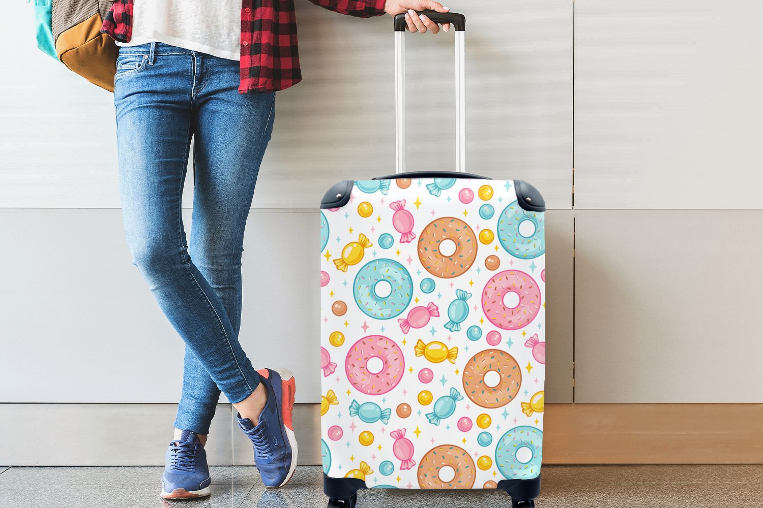Muster, Rollen, Handgepäckkoffer Reisetasche mit Reisekoffer - Handgepäck Ferien, Trolley, - Donuts für MuchoWow rollen, 4 Süßigkeiten