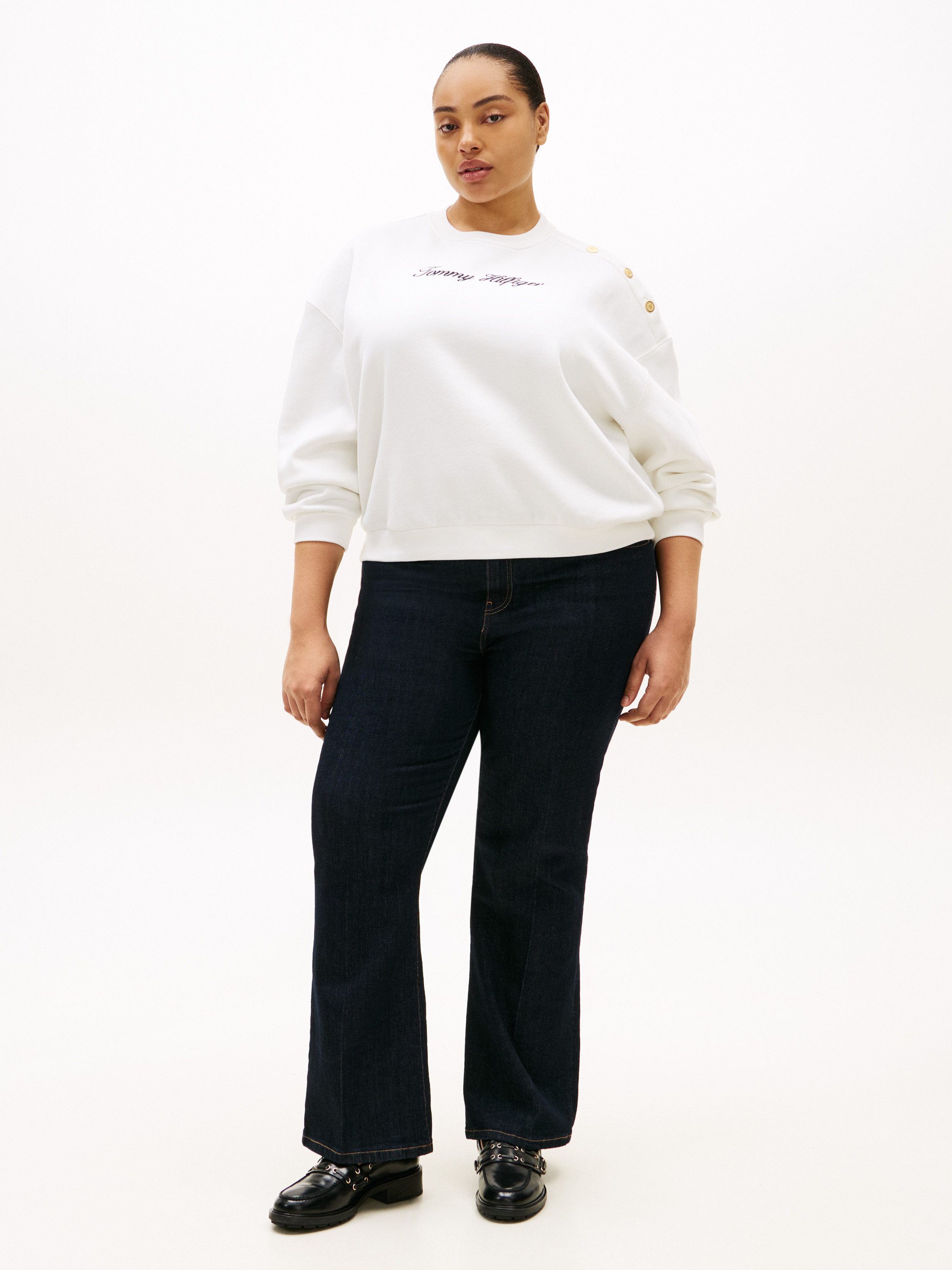 Tommy Hilfiger Curve Sweatshirt CRV GOLD BTN SCRIPT FLEECE SWRT in großen Größen, mit goldfarbenen Zier-Knöpfen