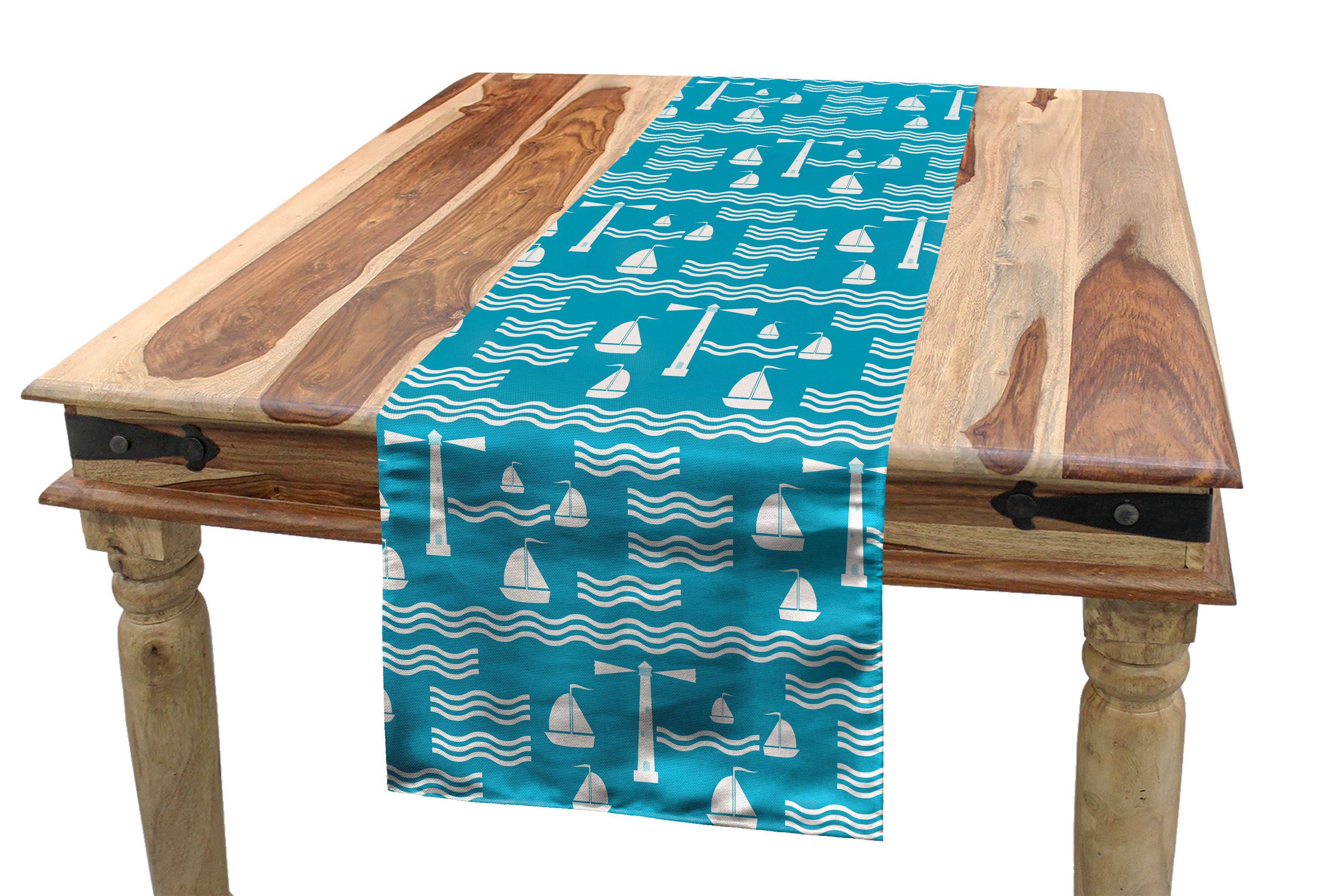Abakuhaus Tischläufer Esszimmer Küche Rechteckiger Dekorativer Tischläufer, Segeln Leuchtturm Waves Segelboot