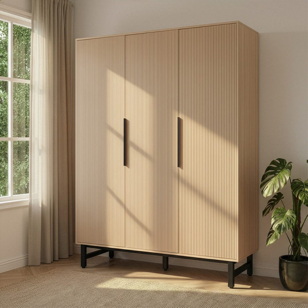 HOME DELUXE Kleiderschrank NYLA - 150 x 200 cm inkl. 3 Schubladen und 5 Ablageflächen, Schrank mit Lamellenfronten