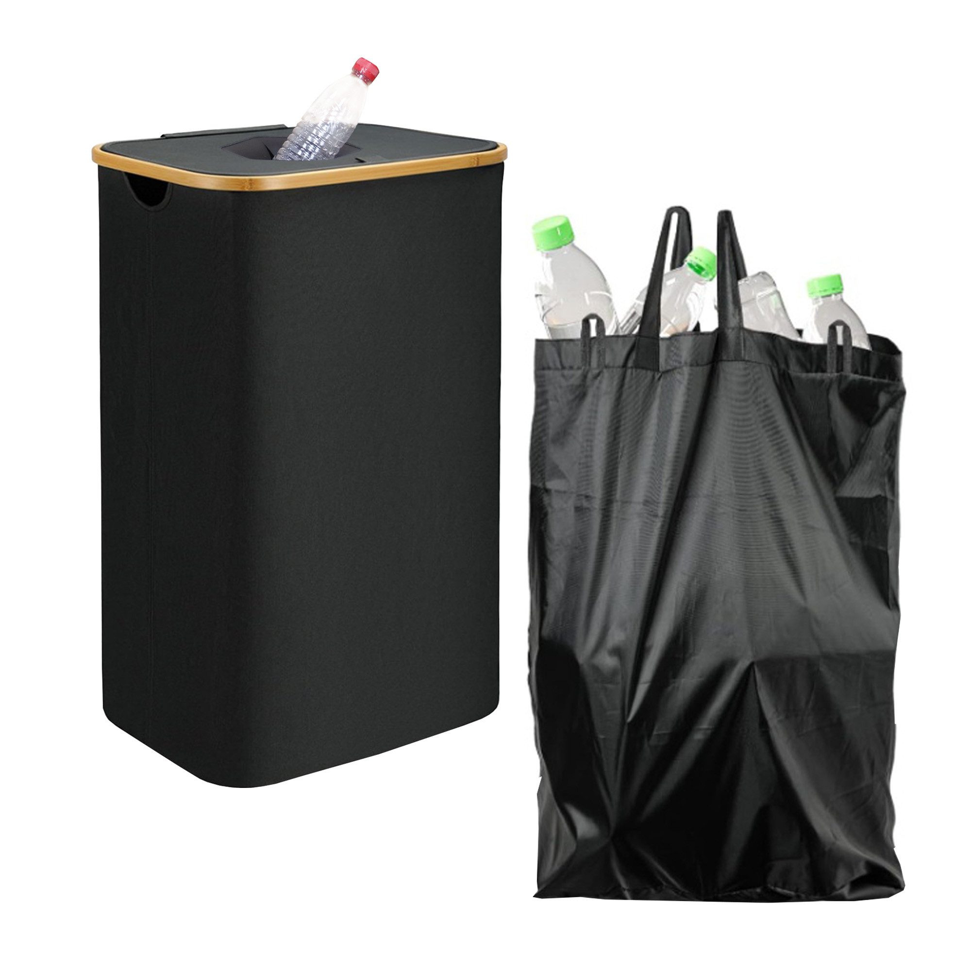 Bestlivings Flaschensammler mit Bambusrahmen für ca. 30 PET-Flaschen (100L), 44x33x70 cm, 100% Polyester, inkl. abnehmbare integrierte Tragetasche