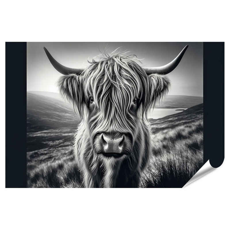 islandburner Poster Highlandkuh schwarz-weiß Blickkontakt