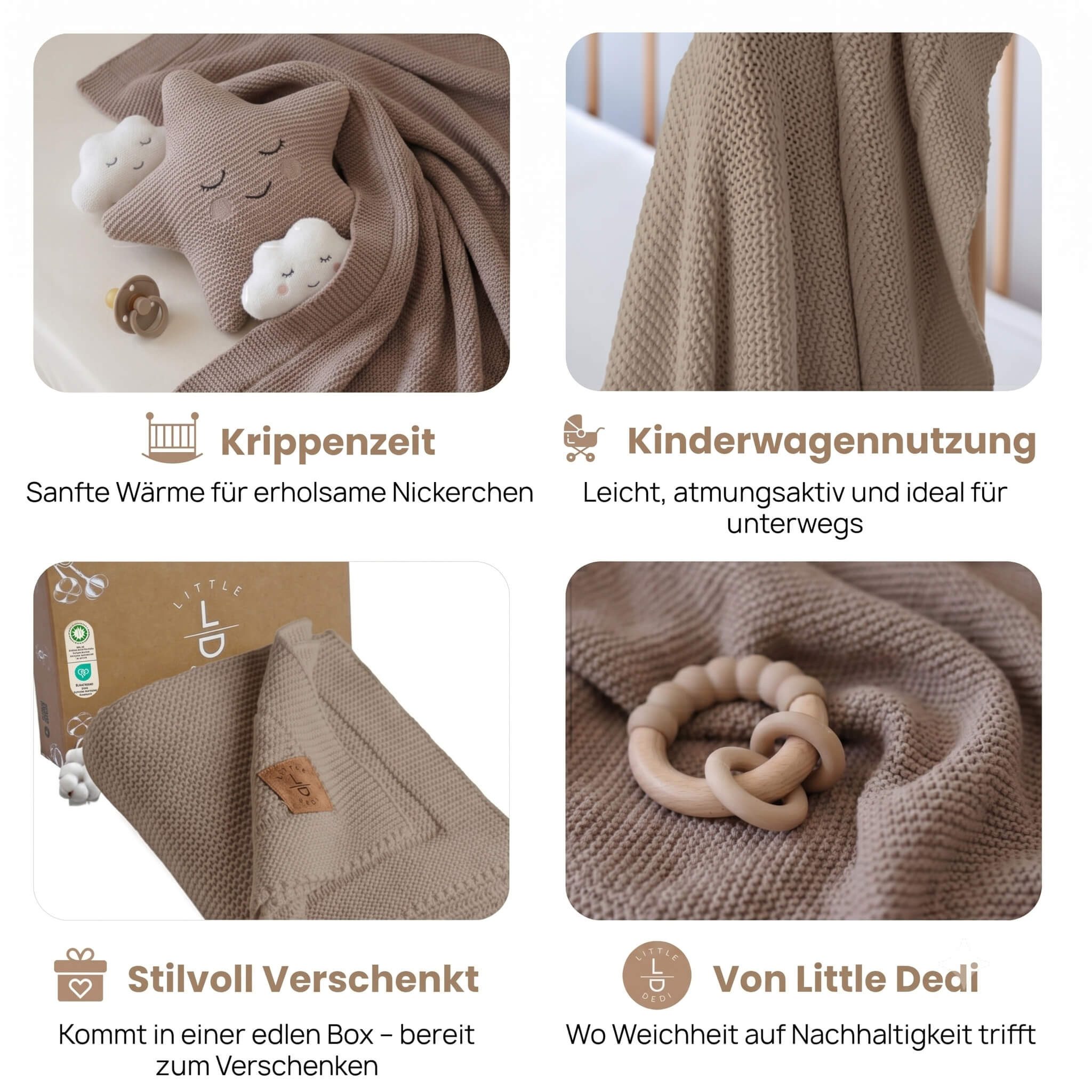 Babydecke Baby Strickdecke, %100 Bio Baumwolle, Atmungsaktiv, 80x100cm, Braun, Little Dedi