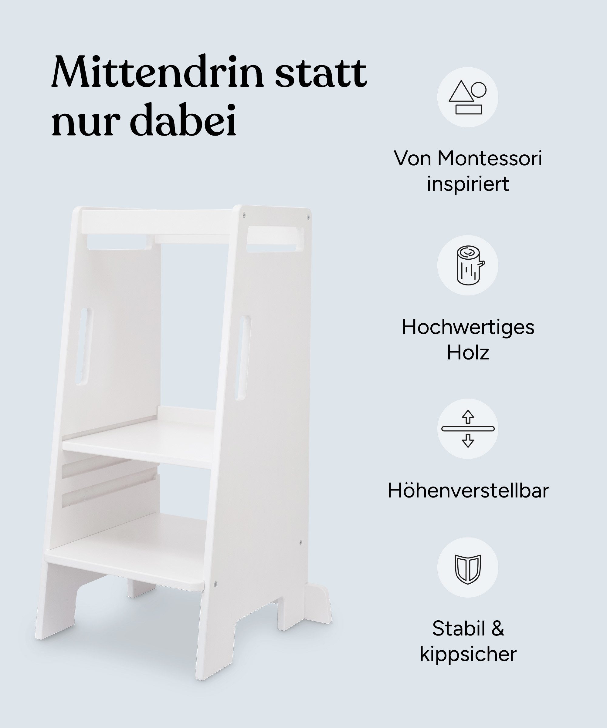 Ehrenkind Stehhilfe Lernturm Entdeckerturm Montessori 4-fach höhenverstellbar (Extra kippsicher & stabil), aus hochwertigem Birkenschichtholz, Lernturm ab 1 Jahr, Made in Europe