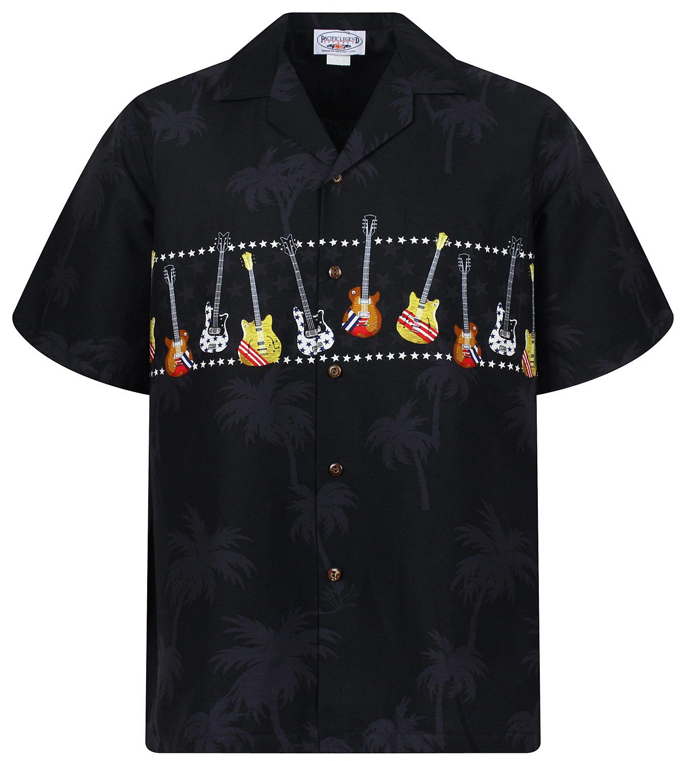 Pacific Legend Hawaiihemd "E-Gitarre Brustdruck" Herren Kurzarm Kokosknöpfe Original Hawaii