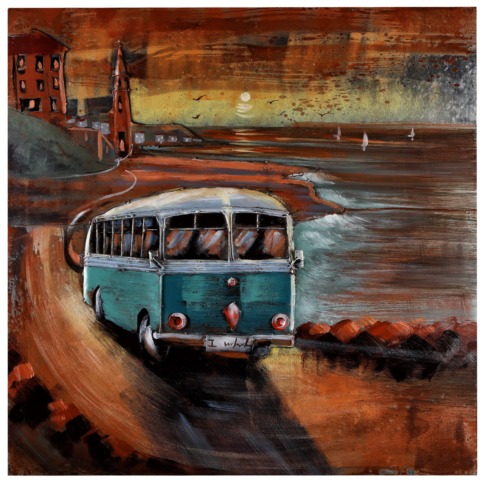Metallbild Wandbild Relief Unikat "Sonnenaufgang Bus" handgefertigt