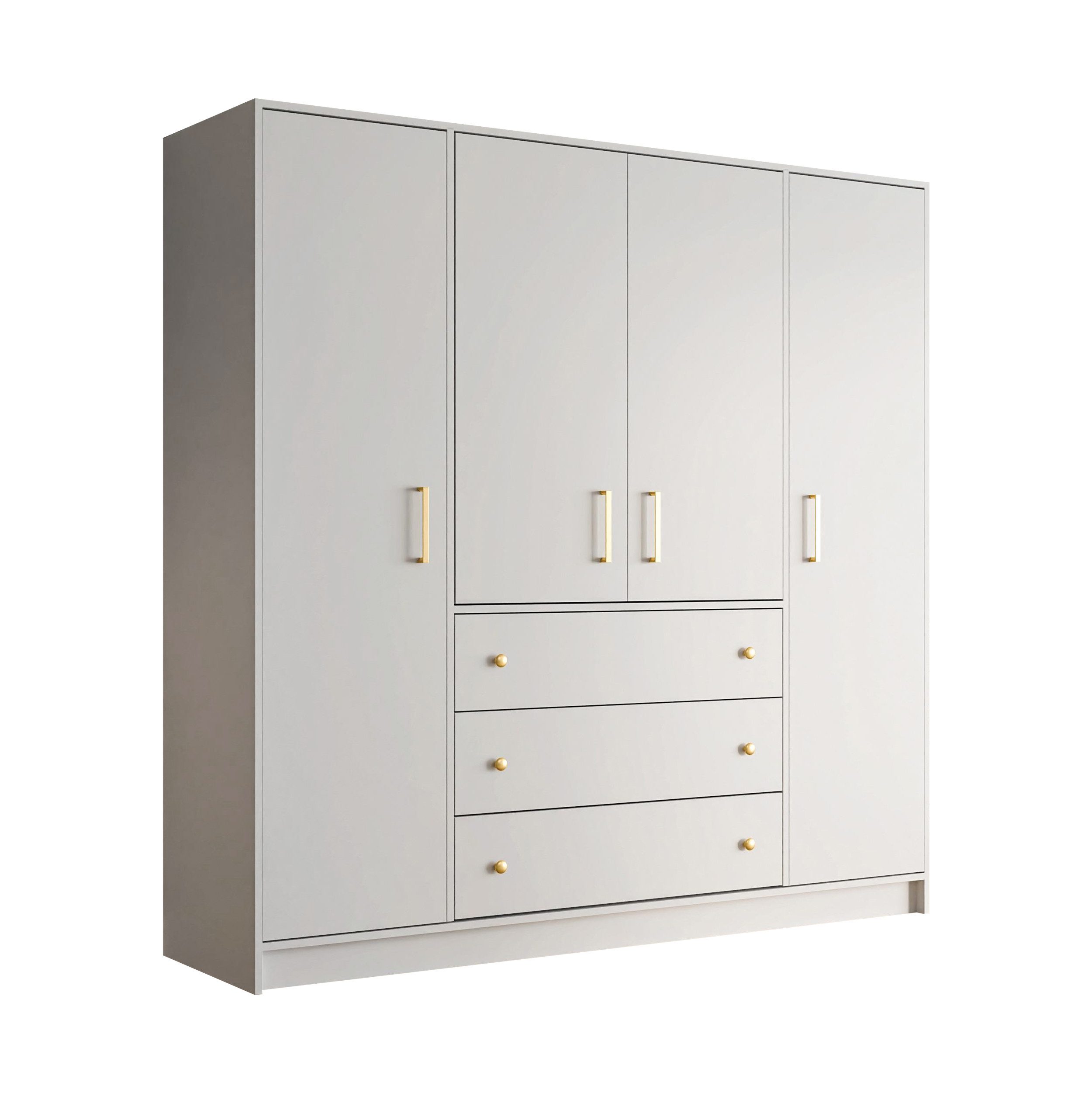 Beautysofa Drehtürenschrank RILO mit 4 Türen und goldfarbene Griffe (Kleiderstange, 8 Regalböden, 3 Schubladen, Farbe: Weiß oder Schwarz) Breite: 196 cm
