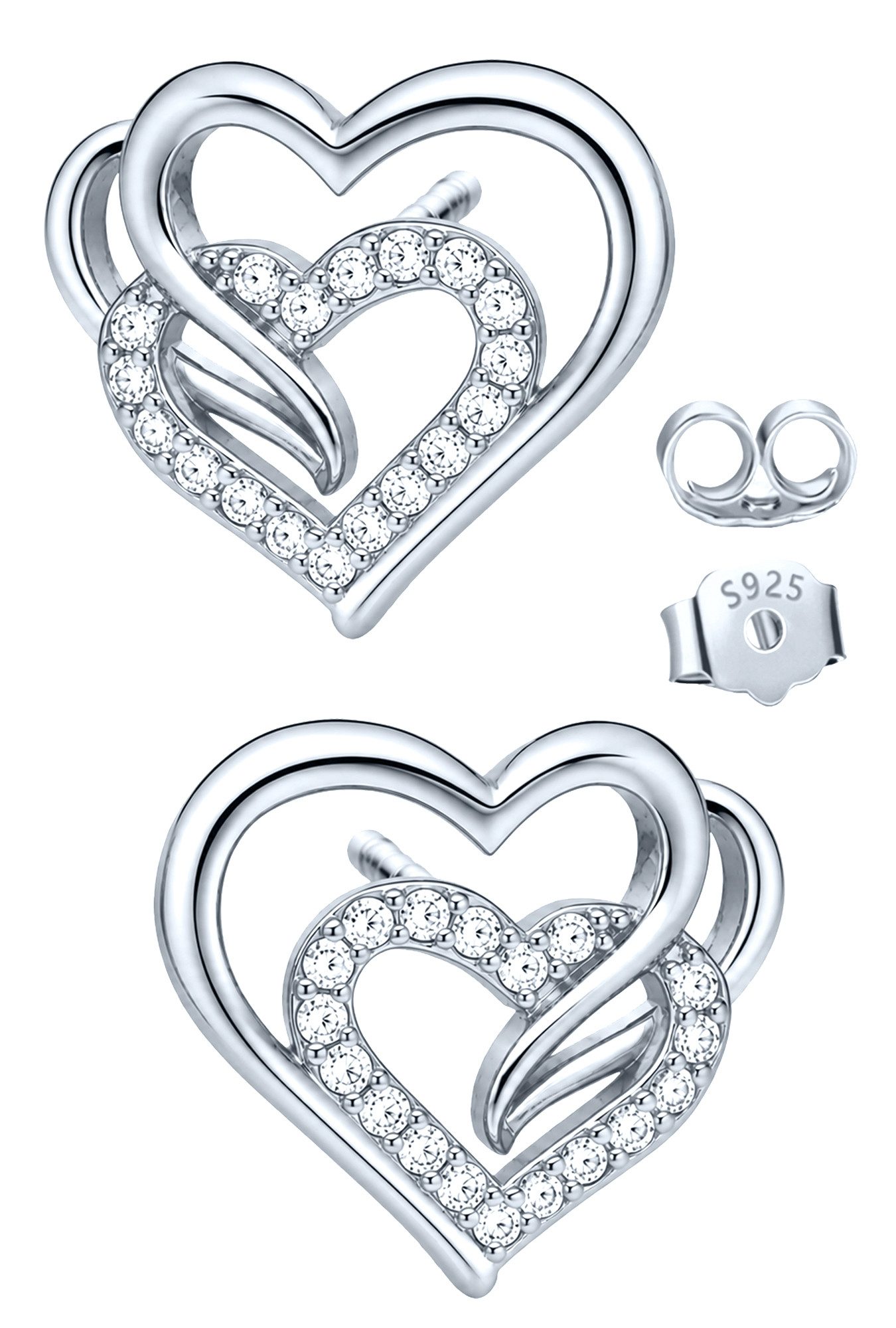 Limana Paar Ohrstecker mit Herz Damen Ohrringe 925 Silber vergoldet Zirkonia Geschenk (Freundin Frau Ehefrau Mama Schmuck inkl. Dose), Jahrestag Geburtstag Hochzeitstag Weihnachten Valentinstag Muttertag